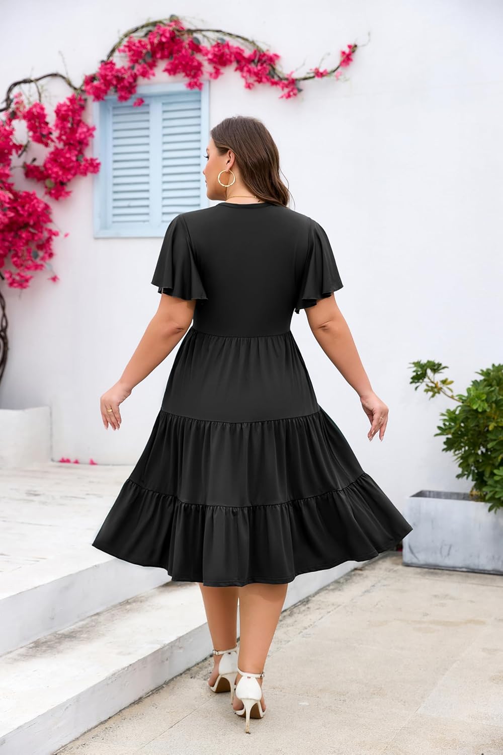 Plus Size Casual Dresses for Women Summer V Neck Ruffle Short Sleeve Tiered Swing Midi Dress with Pockets - Image 3