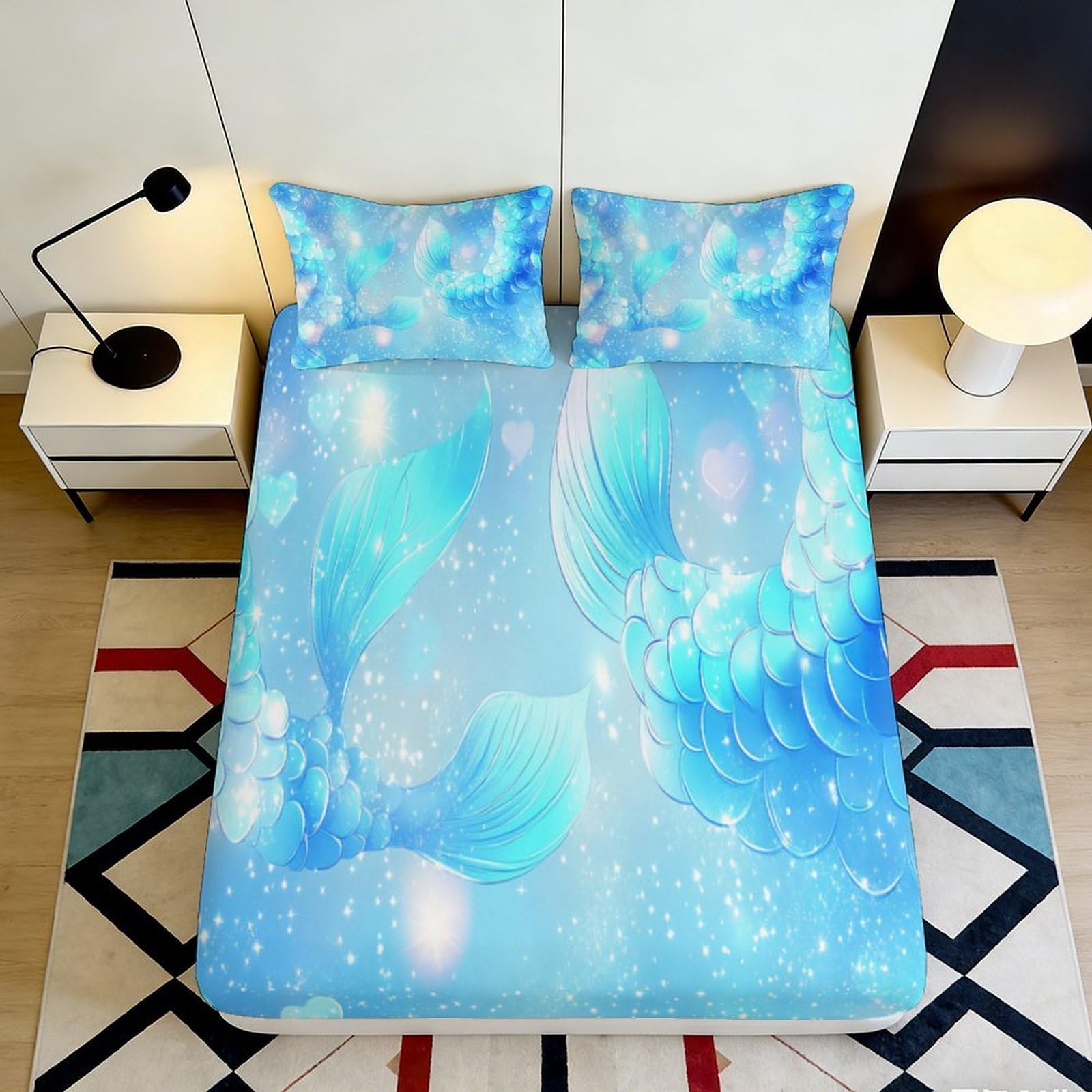3D Printed Blue Mermaid Tail Fitted Sheet Microfiber Soft Breathable Starry Sparkle Bed Cover for Bedroom Dormitory Guest Room Mattress Protection Decor 180x200x25cm