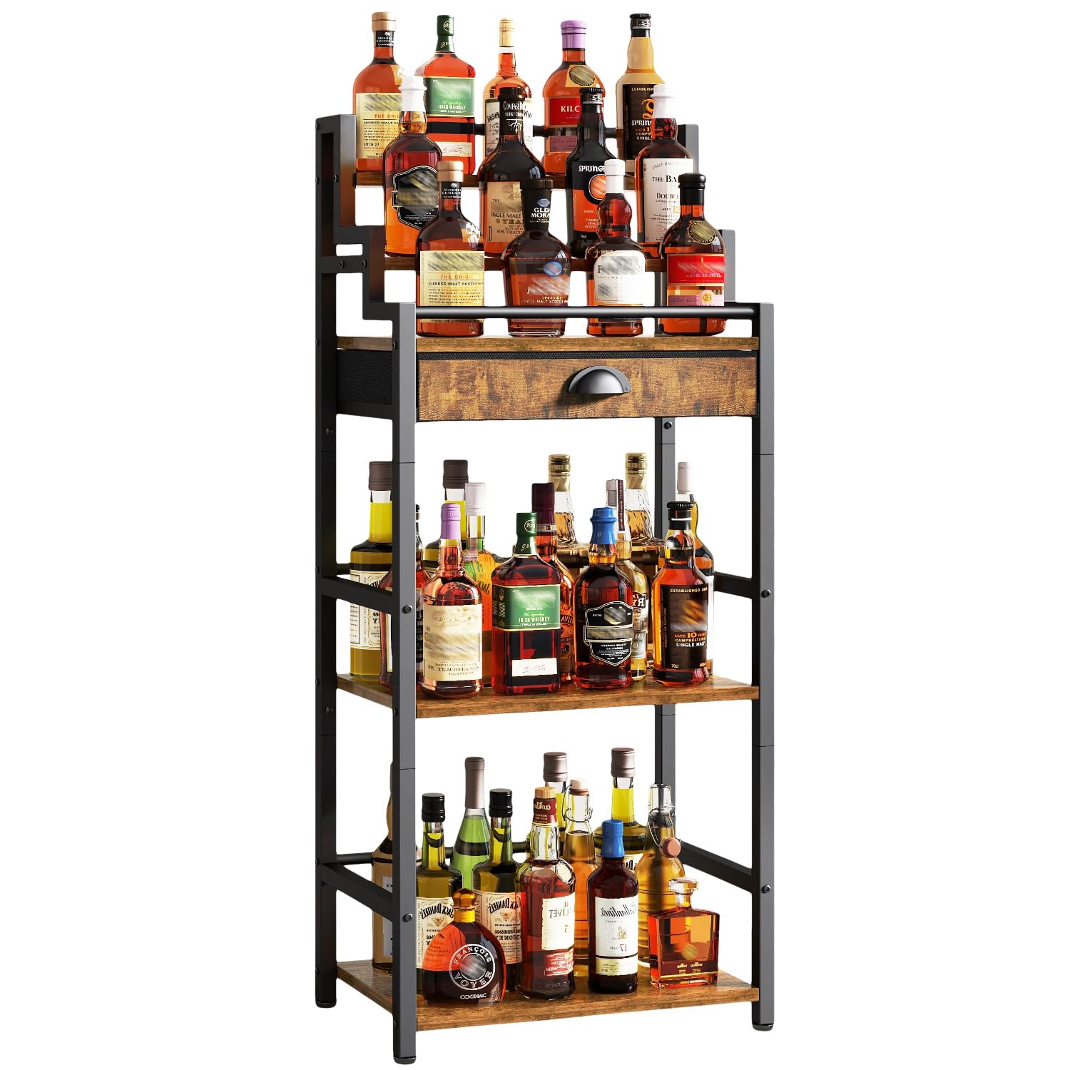 IBUYKE Stepped Wine Rack Freestanding Floor,Bar Cabinet with Drawer and Display Shelf for Whiskey,Corner Liquor Bottle Display Cabinet for Home,Living Room,Dining,Brown TMJ915H
