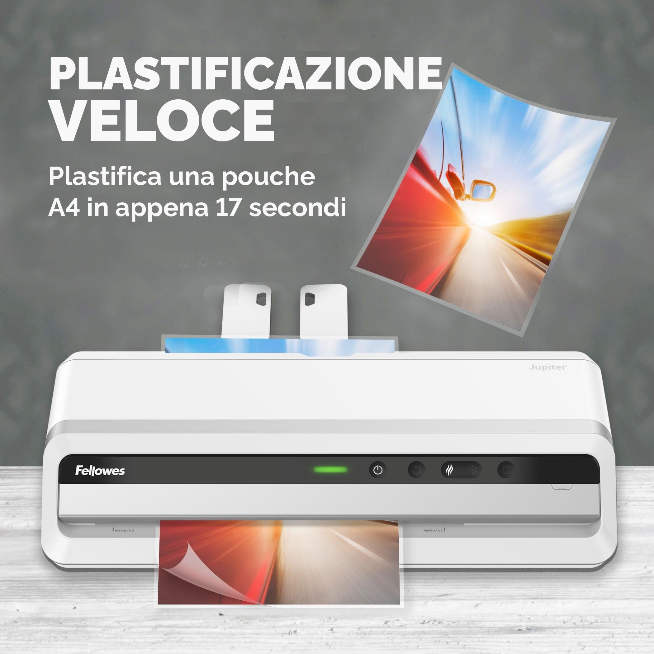 Fellowes plastificatrice a caldo Jupiter A3, formato A3, fino a 250 micron, per ufficio, riscaldamento rapido, con retromarcia e modalità riposo, colore bianco, incluso starter pack di 10 pouches