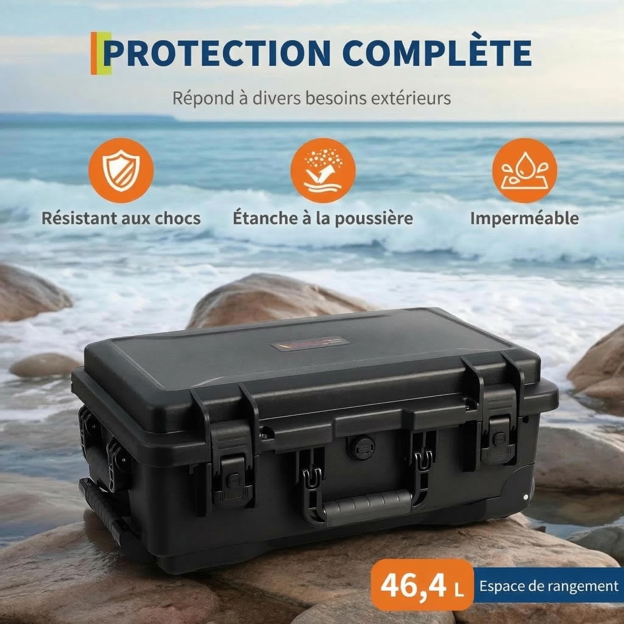 Garvee Valise étanche renforcée pour Appareil Photo – Boîte sèche Antichoc, Anti-poussière 22”x14”x9”, idéale plongée et Sports Nautiques – Séparateurs matelassés, Roues, Compartiments modulables –