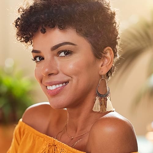 Vista 6 de 9 pares de aretes bohemios de madera para mujer, con borlas, estilo nacional, estilo hippie, vintage, gota para la oreja