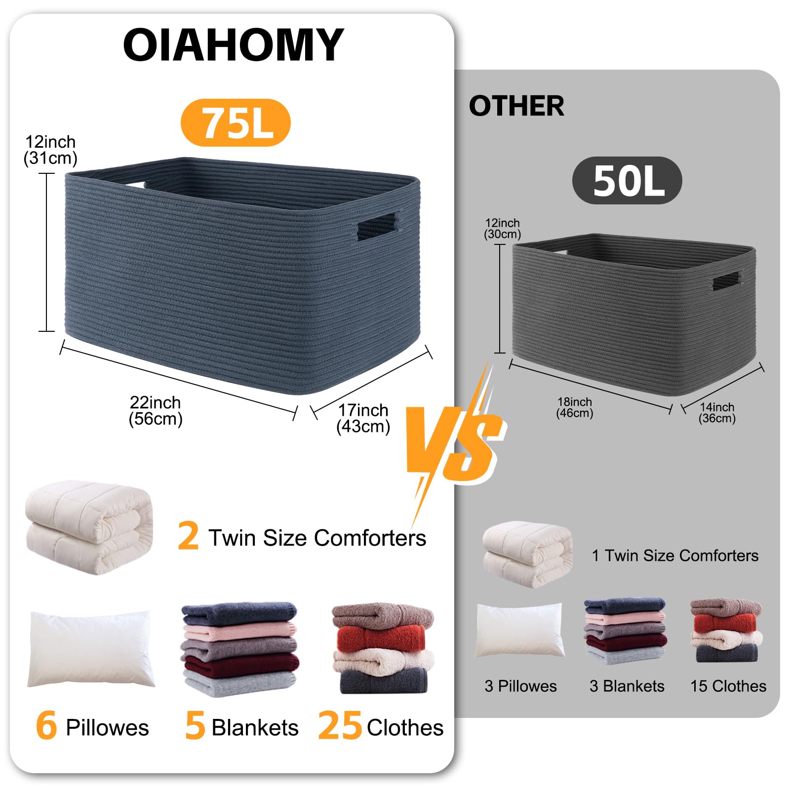 OIAHOMY Duży kosz na koc 75 l, tkany kosz do przechowywania z uchwytem, bawełniany kosz z liny, 56 x 43 x 30 cm, kosz na koc do salonu, kosz na zabawki do pokoju dziecięcego, niebieski