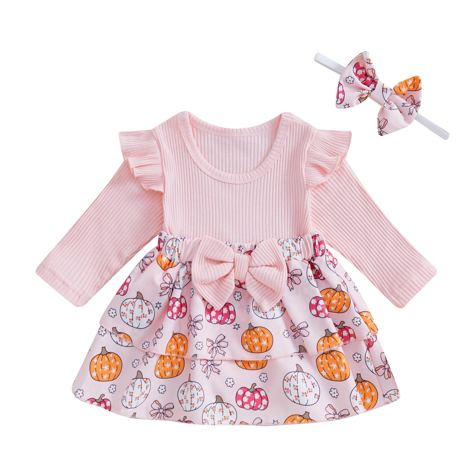 Socutebabe Baby Girl Thanksgiving Outfit Newborn Outfit Ribbed Ruffle Romper Dress and Headband Cute Fall Clothes (fg-Pink, 3-6 Months)
