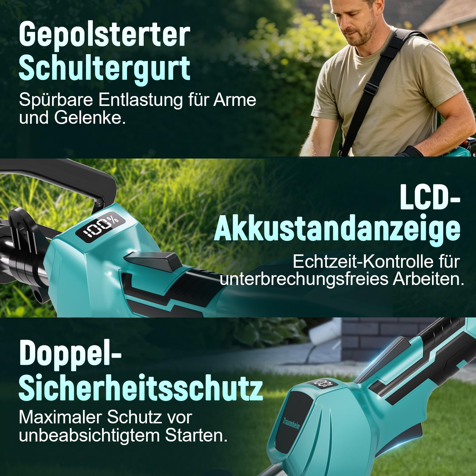 Rasentrimmer mit Akku,4-in-1 für Makita-Akkus,950W | Bürstenloser Motor, 15cm Unkrautbürste, 3m Tap&Go, Längerer Schaft, 2x 4.0Ah Akku, Garden Trimmen