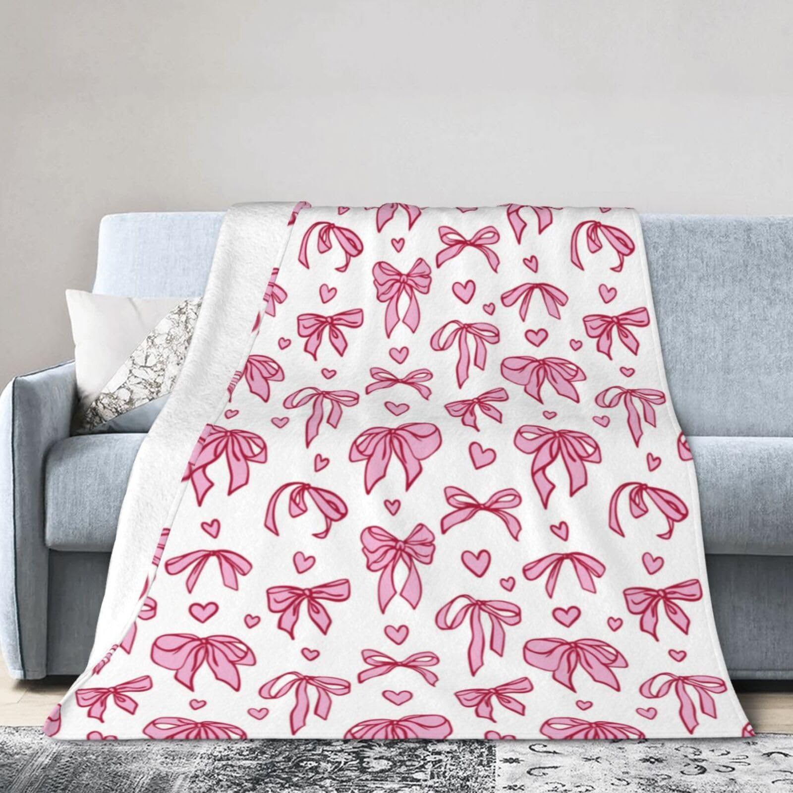 Noble Ren Pink Bow Shaped Heart Symbol Ultra-Soft Micro Fleece Blanket Winter Warm Soft Lannel Fleece Throw Blanket For Couch Sofa Bed 80"X60"