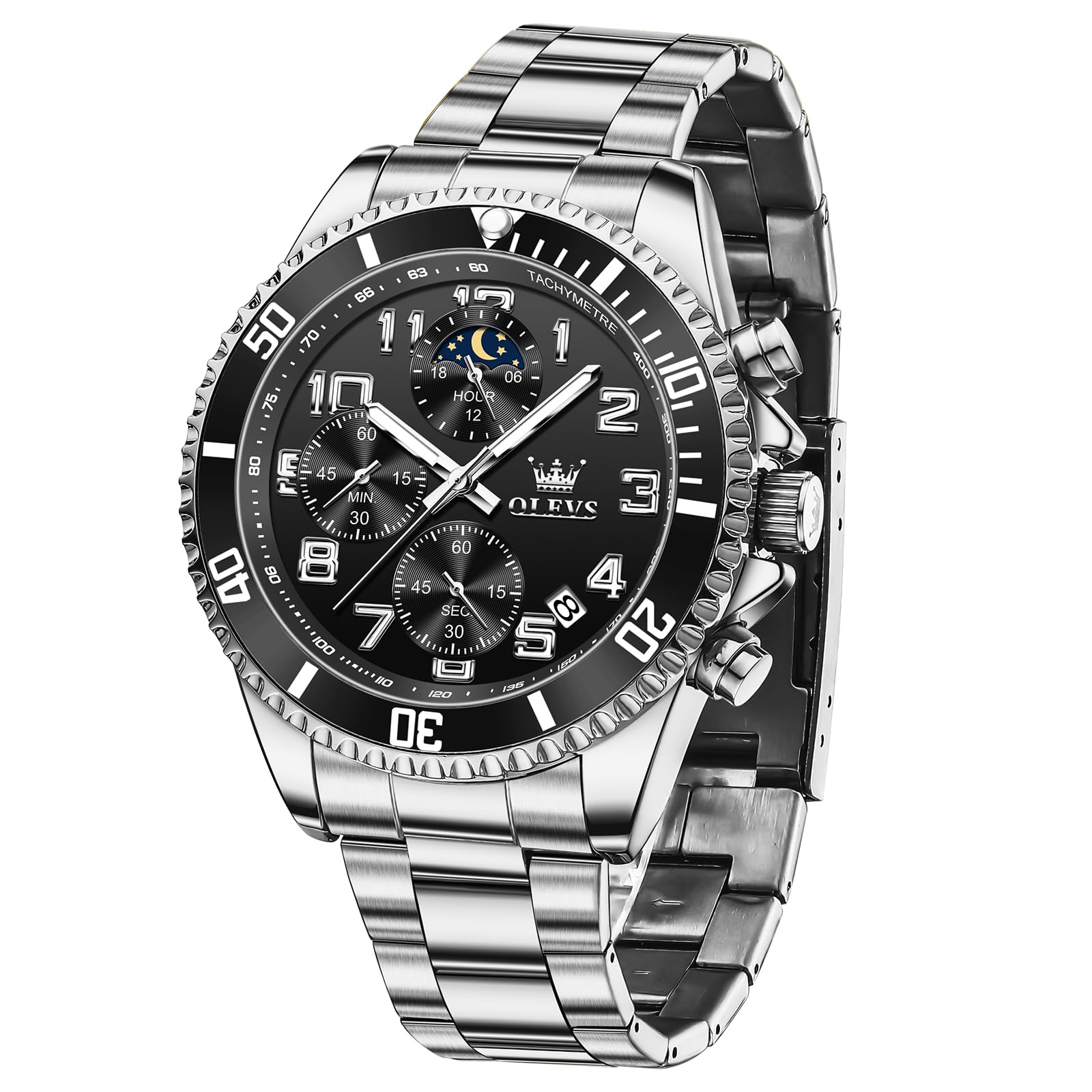 OLEVS Groß Uhr Herren Wasserdicht Leuchtend Edelstahl Mondphase Armbanduhr Herren Analog Chronograph Herrenuhren Arabische Ziffern mit Datum