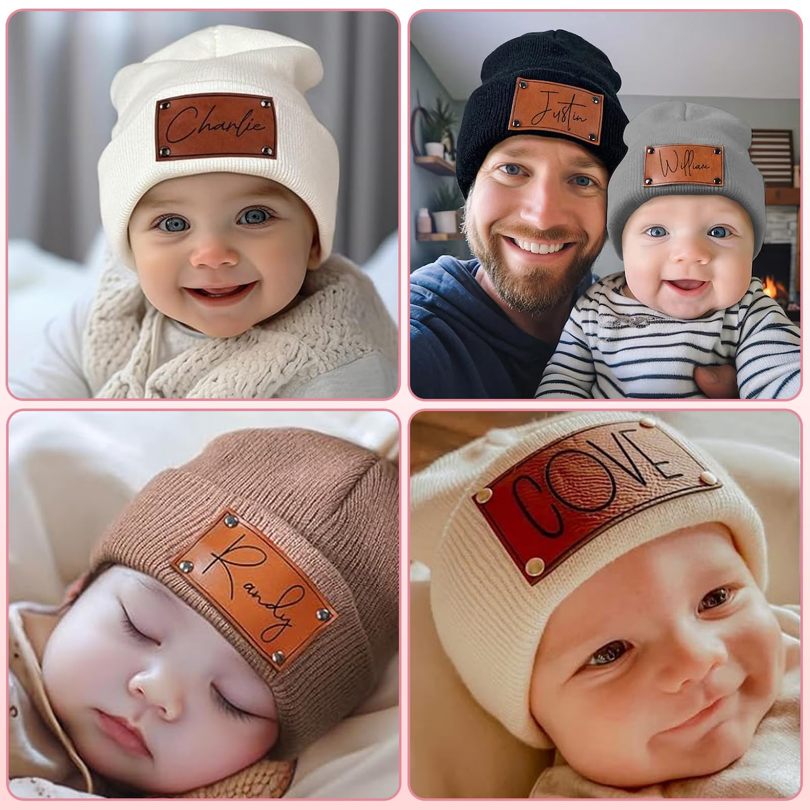 Personalized Toddler Beanie Hat - Custom Name Leather Patch Baby Knit Hats, Dark Gray Winter Knit Hats for Newborn Kid Adult