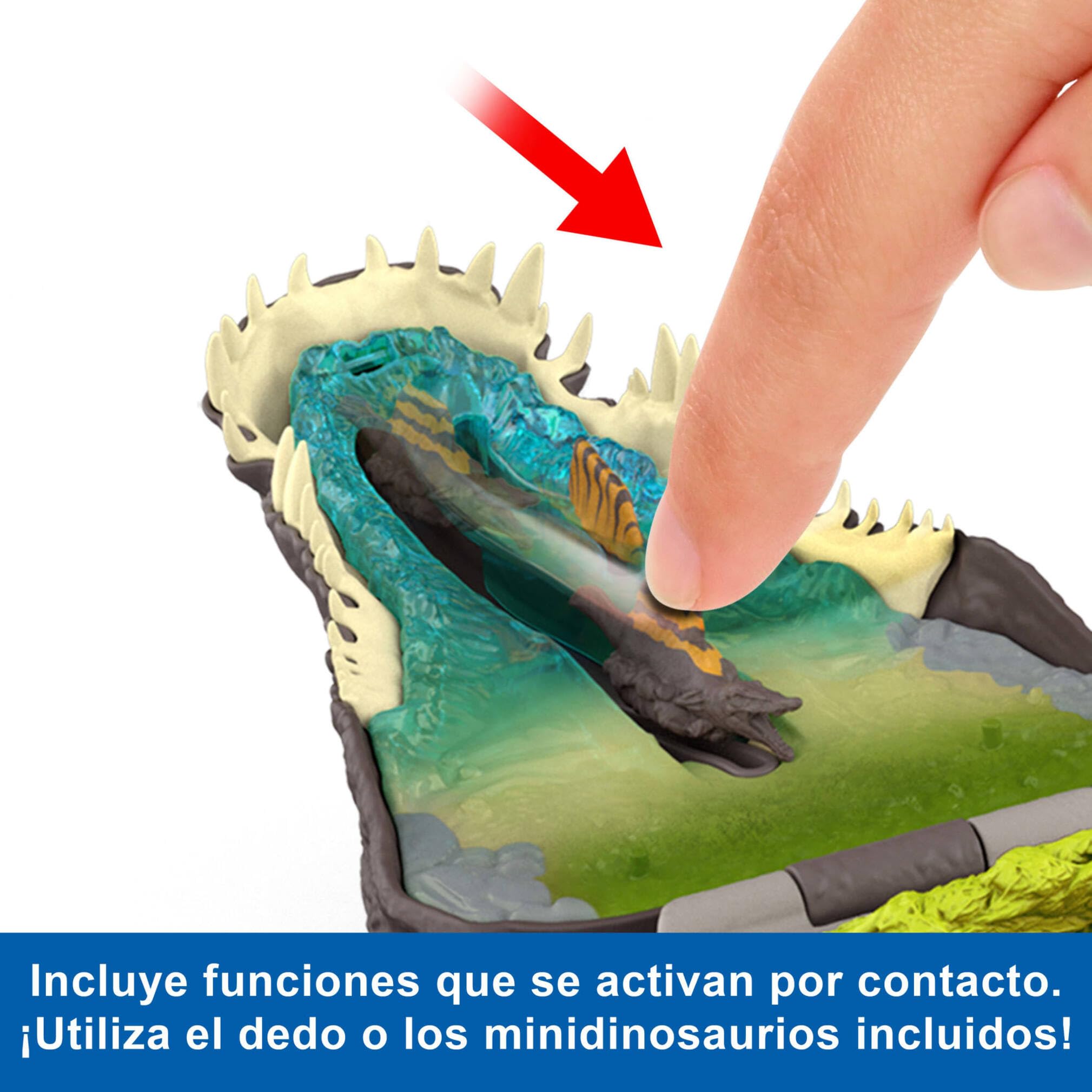 Mattel Jurassic World: El Renacer, Conjunto de juego Mini, la cabeza del Spinosaurio se abre, 4 funciones interactivas, 3 Micro figuras, Dinosaurio de juguete, JGB98