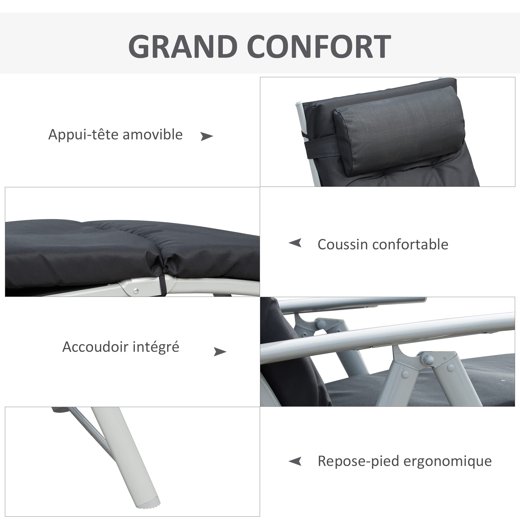 Outsunny Bain de Soleil Pliable Transat 7 Positions Charge 165 kg Noir | Inclinable, Chaise Longue, Dossier, Coussin, Appui-tête, Accoudoirs, Métal Époxy Textilène Polyester, pour Jardin, Piscine