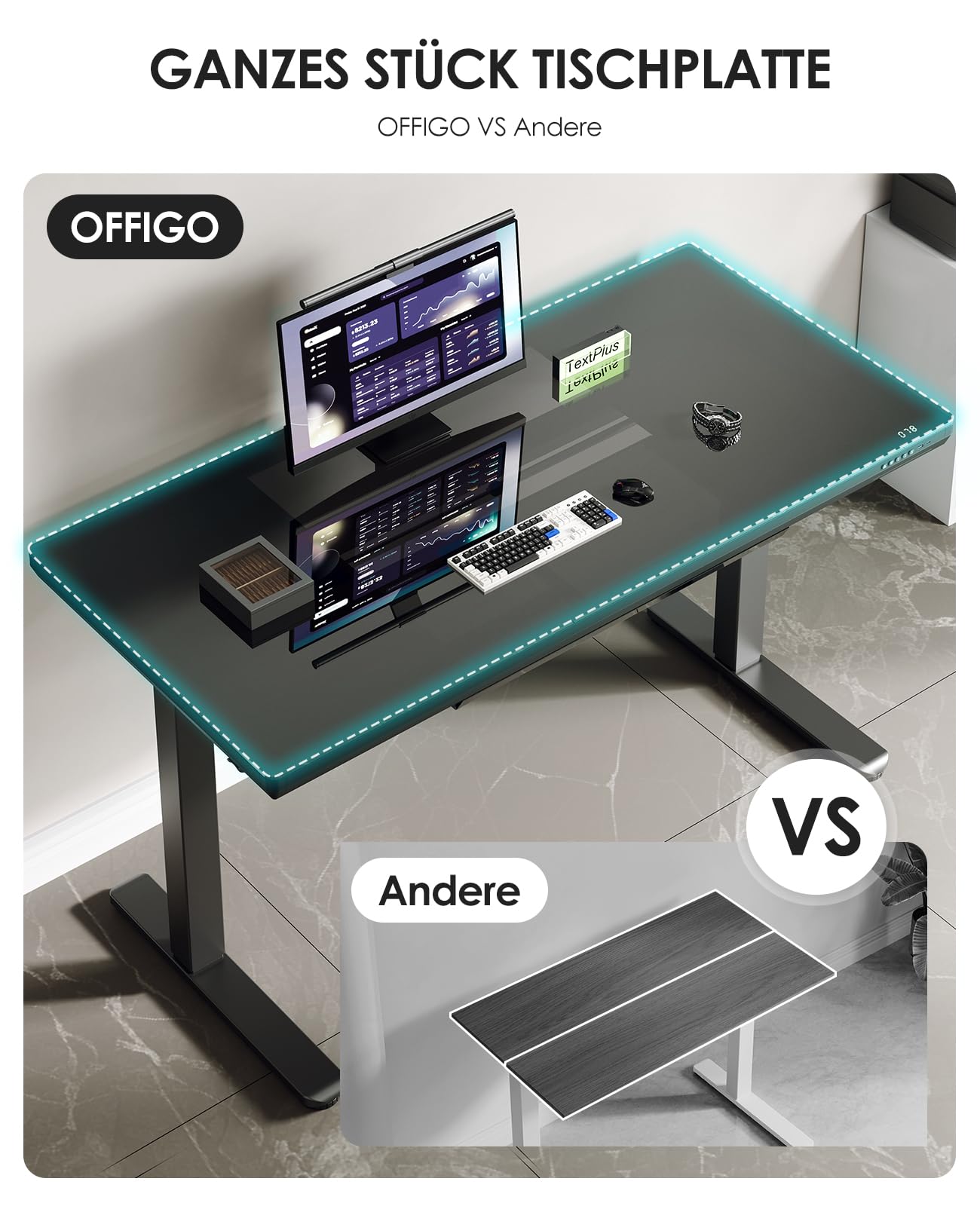 OffiGo Szklane Biurko Regulowane Z Szufladami, 140 x 60cm, Czarny | Elektryczne Biurko Regulowane Wysokością, z USB i Type-C, Szufladami do Biura i Domu