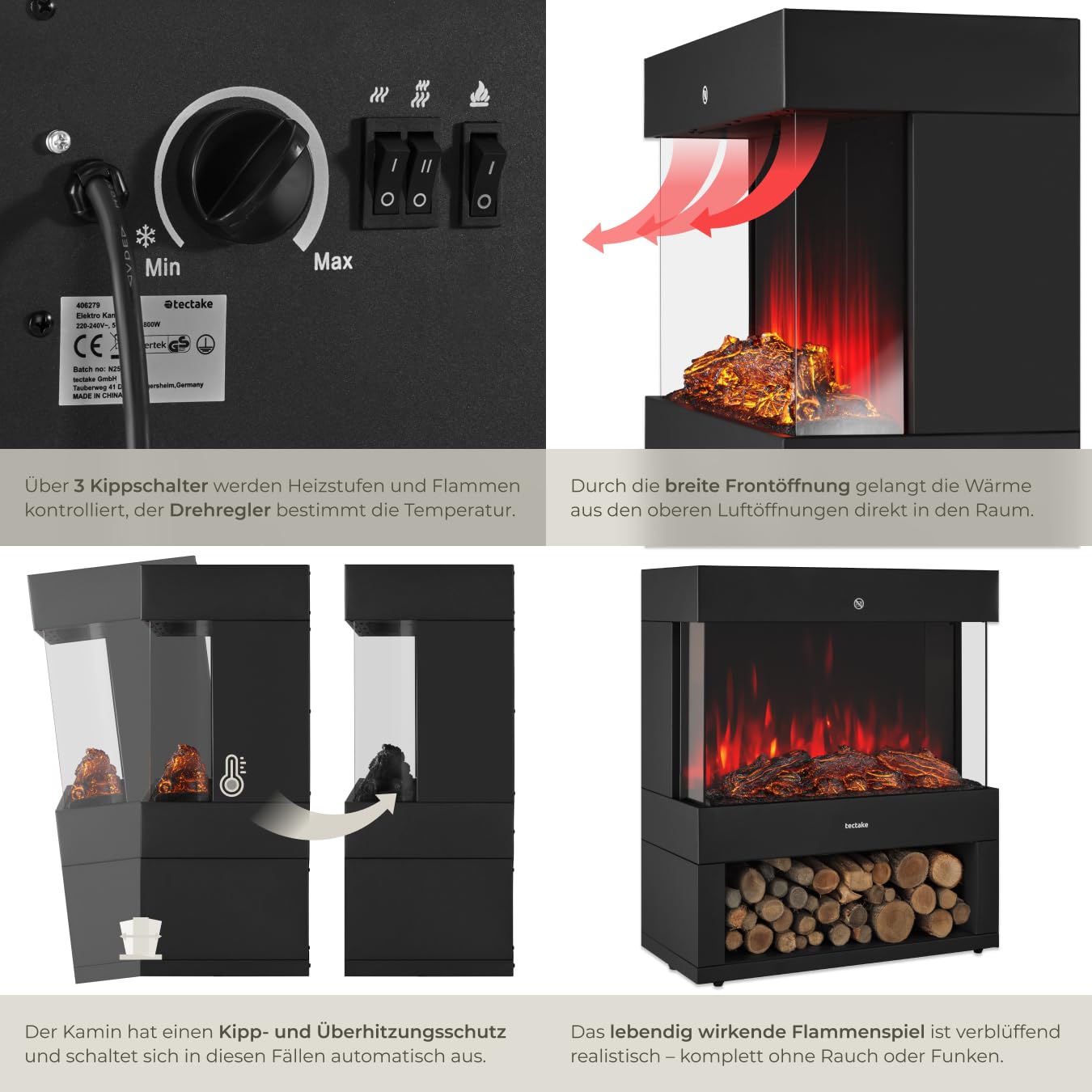 tectake® Elektrokamin mit 2 Heizstufen 900W/1800W, elektrischer Kamin mit 3D-Flammeneffekt, Glut und Holz, Kaminfeuer, Elektro Kamin Deko mit Thermostat, Kippschutz und Überhitzungsschutz, schwarz