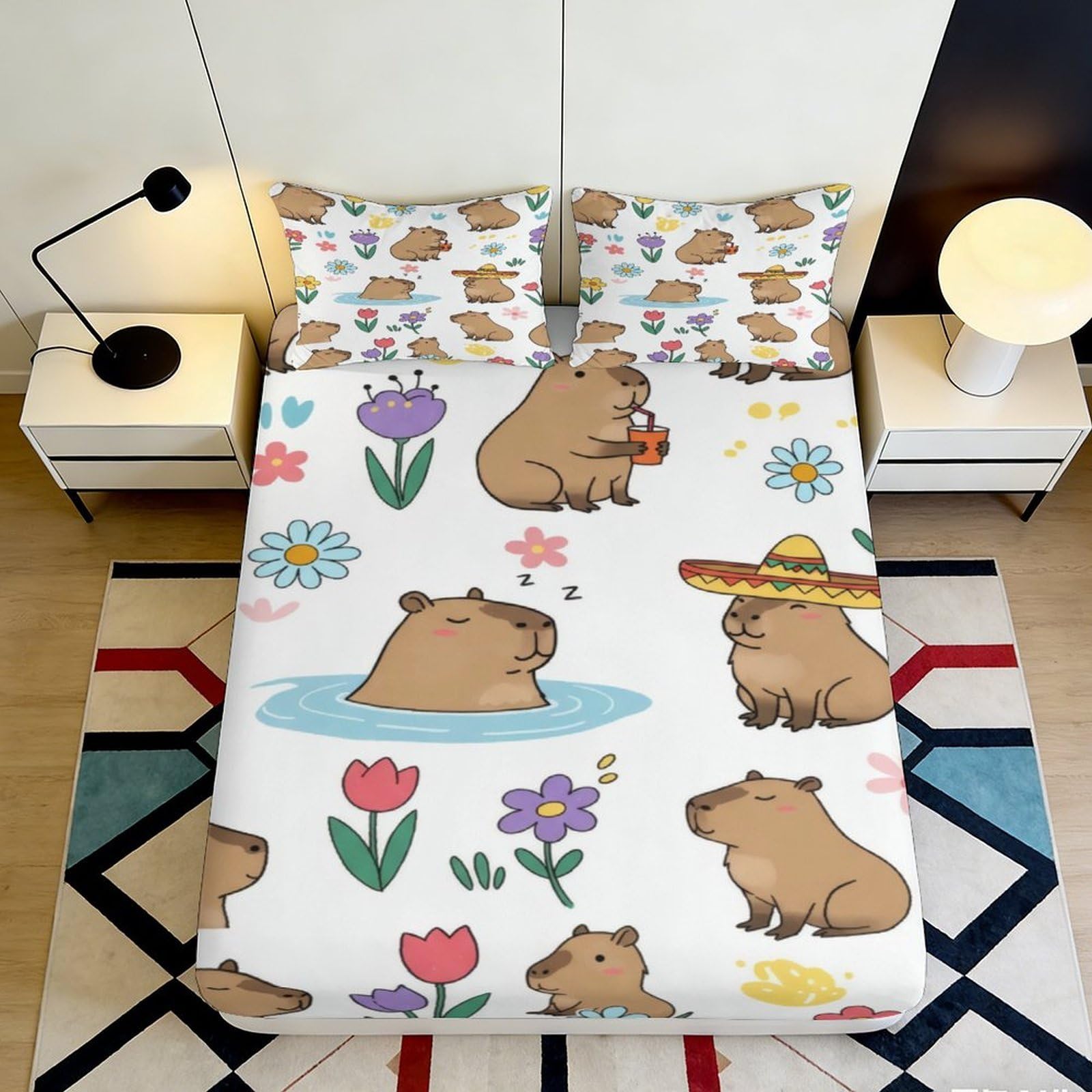 3D Printed Capybara Flower Fitted Sheet Microfiber Soft Breathable Cartoon Bed Sheet for Bedroom Guest Room Decor 90x200x25cm