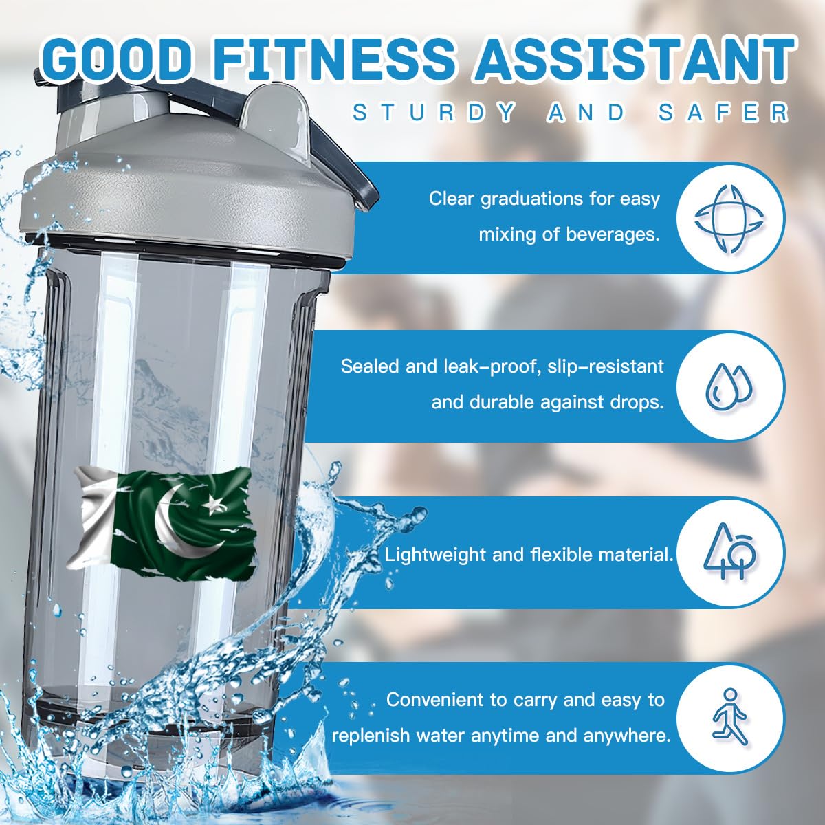 Vintage Torn Broken Pakistan Pakistani Flag 18 Ounce Shaker Bottle Drink Mixer Leak-proof Pre Workout Protein Shakes Meal Replacement Shakes Bottles 500ML/18 Oz Gray&-1