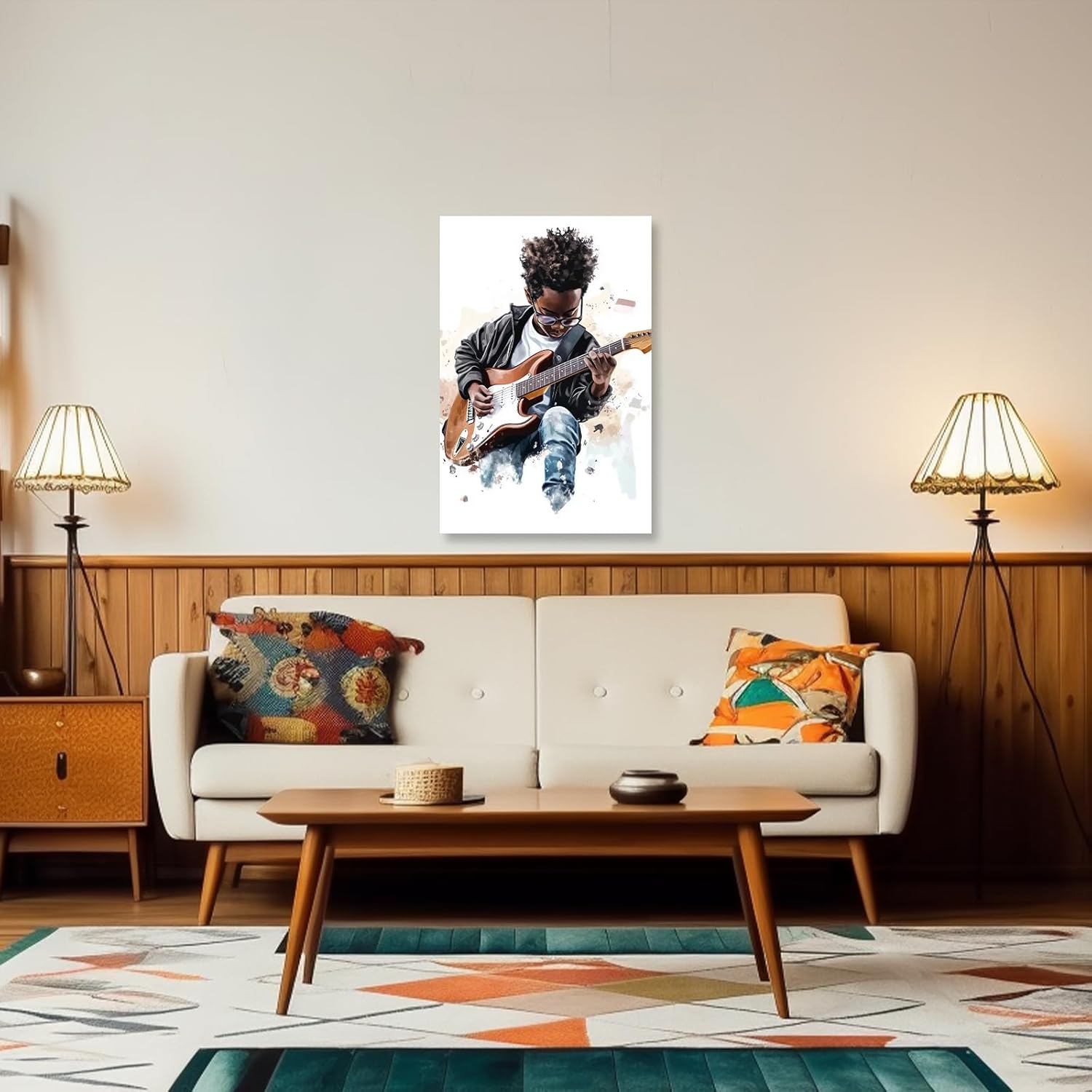 XLMDYYSW African American Kid Wall Art Black Music Pictures African Boy Playing Guitar Violin Canvas Print Children Musician Painting for Musical Club Framed (Black, 18L x 12W)