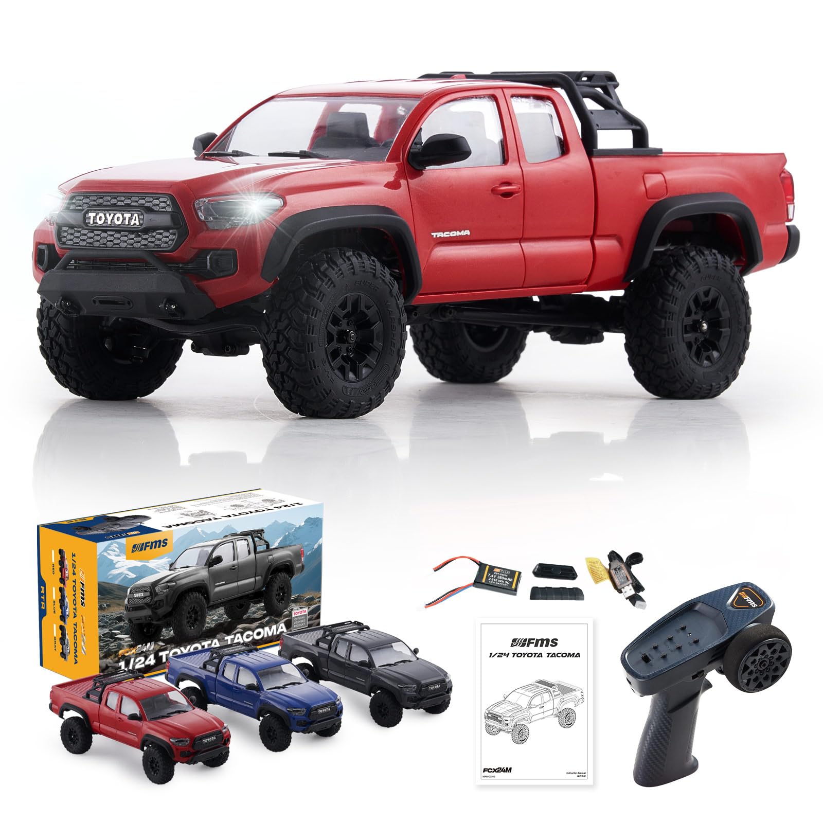 BEEZRC FMS 1/24 RC Crawler FCX24M Tacoma Toyota Official Licensed ABS Hard Body 4WD Off-Road RC Rock Truck,2-Speed Transmission, Hobby Grade Remote Control Car for Adults RTR red