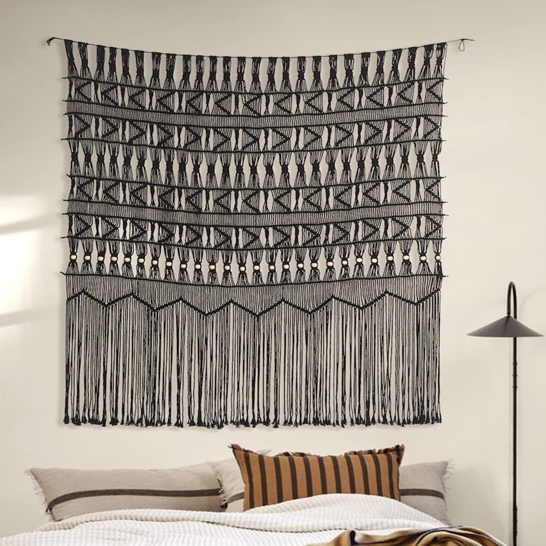 Flber Macrame Curtain Black Boho-Inspired Touch Window Macrame Wall Hanging,52" Wx56 H Black