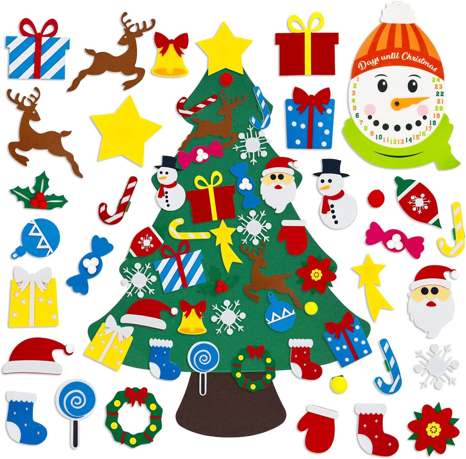 3.2Ft DIY Felt Christmas Tree Set for Kids Toddlers, 34 Hanging Ornaments Felt Christmas Tree Wall Craft Kits for Xmas Party Office Decoration, New Year Door Wall Decorations Snowman 34PCS