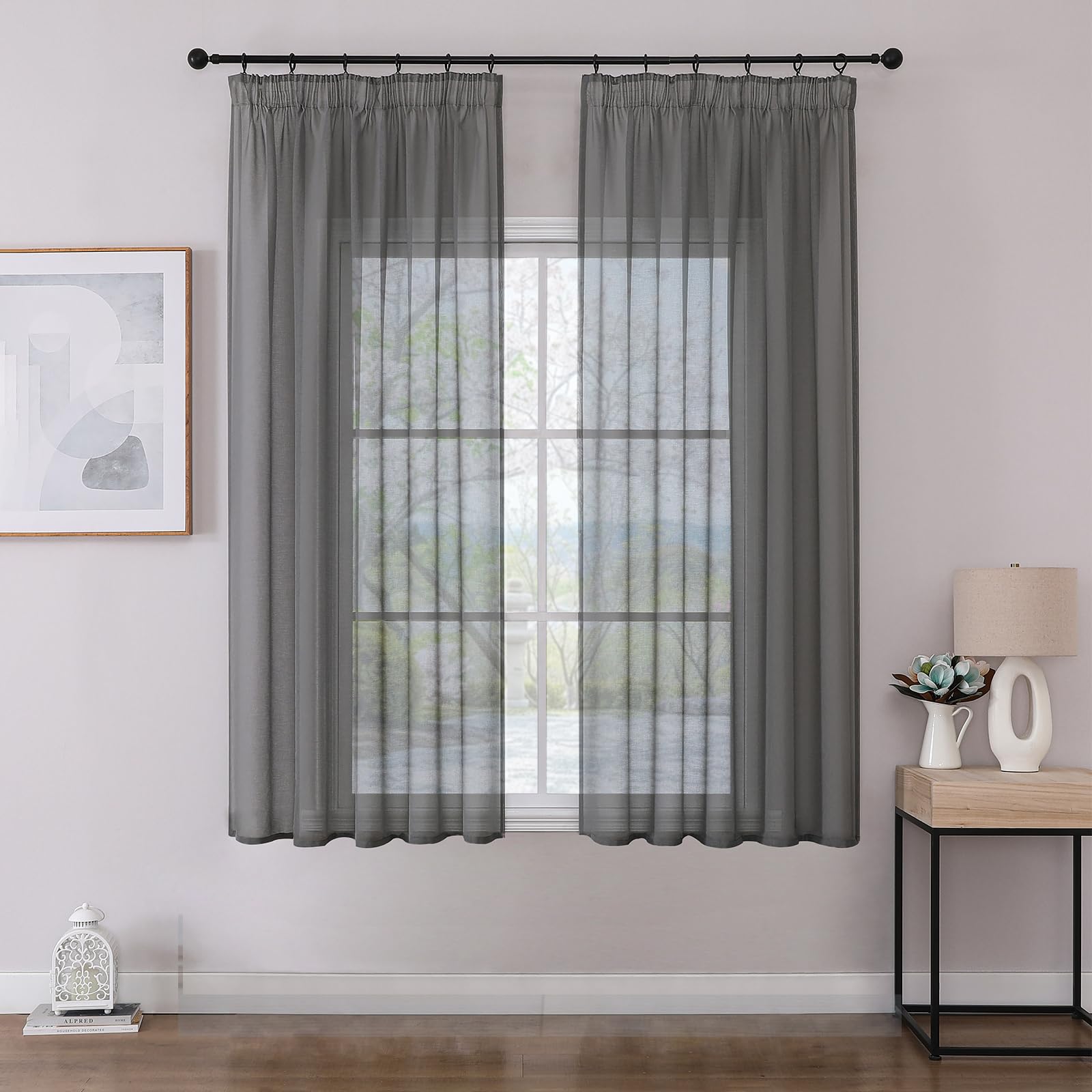 Joydeco 2er Set H160 x B140 cm Grau Voile Kurz Gardinen Vorhänge mit Kräuselband Transparent Polyester Vorhang Modern Wohnzimmer Schlafzimmer