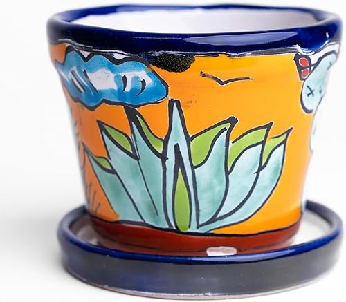 Talavera - Macetas de cerámica mexicana con platillo Rancherito de 4 pulgadas - Cactus - Maceta de cerámica pintada a mano para interiores y