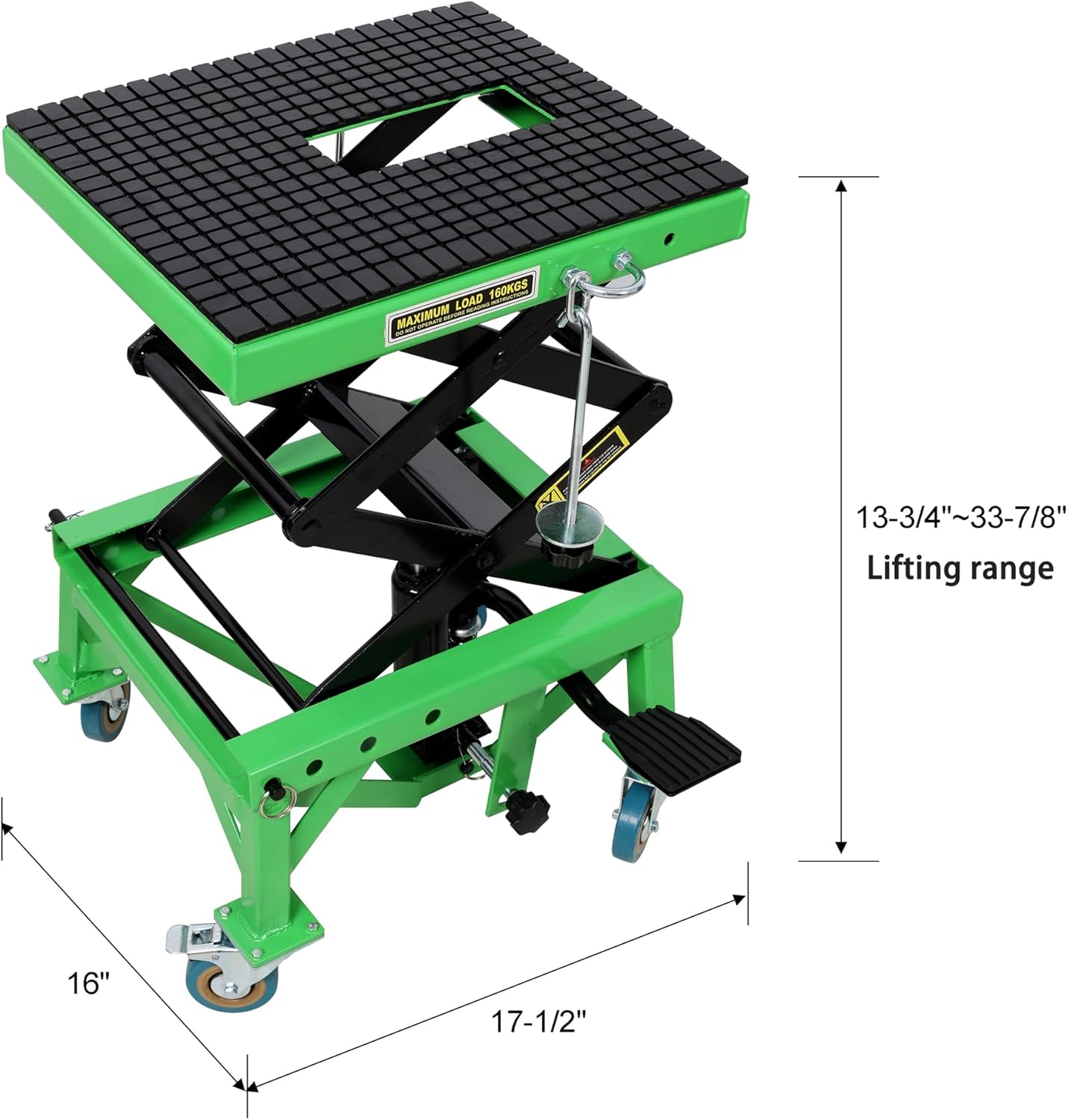 300 lb Heavy-Duty Hydraulic Motorcycle Lift Table with Foot-Step Lever, Wide Platform, Lockable Wheels & Non-Slip Surface – Ideal for Bike Maintenance & Storage (Green)
