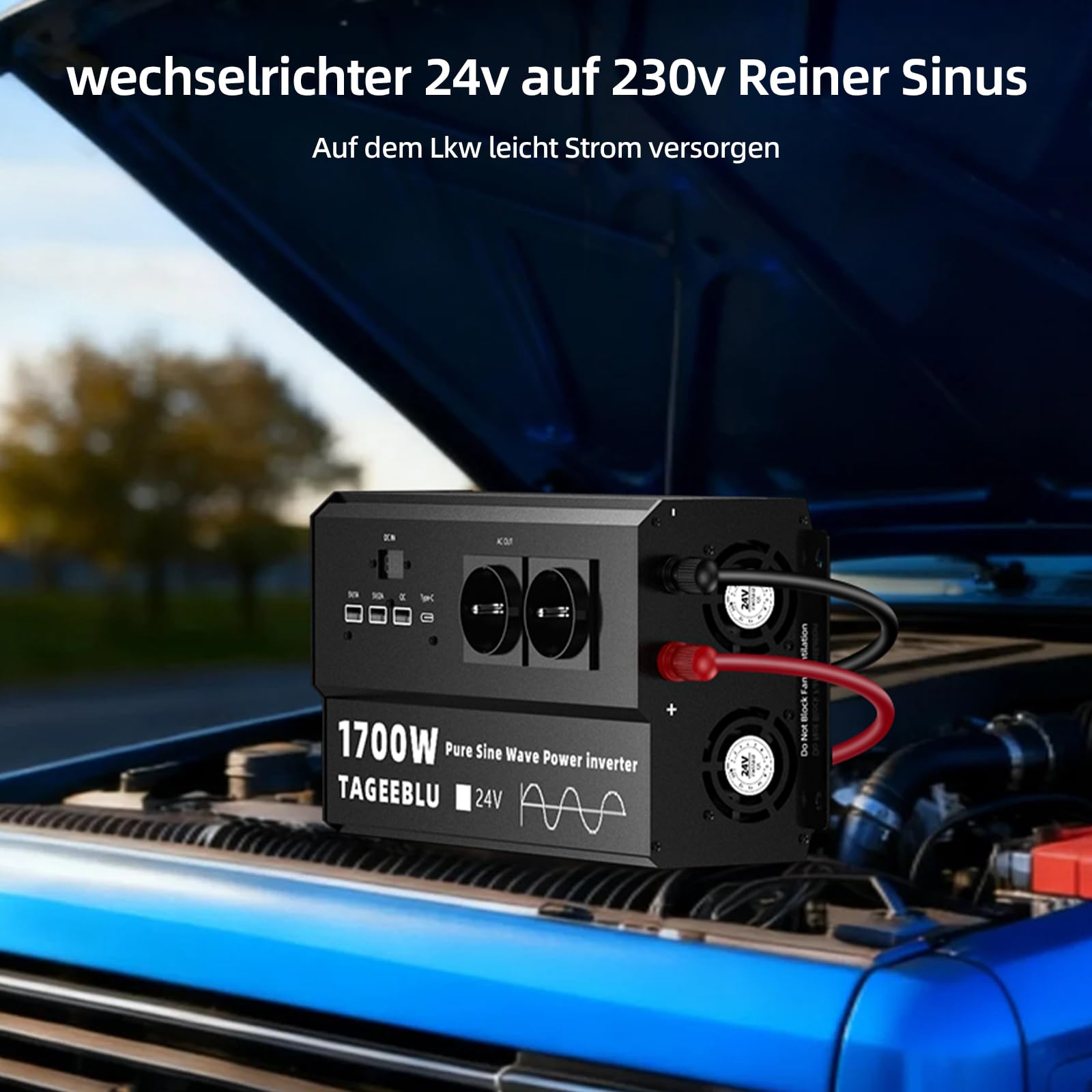 1700W inverter 24v 220v Onda Pura con Display LCD, 4 EU Presa, 4 ports USB et Tipo C 30W