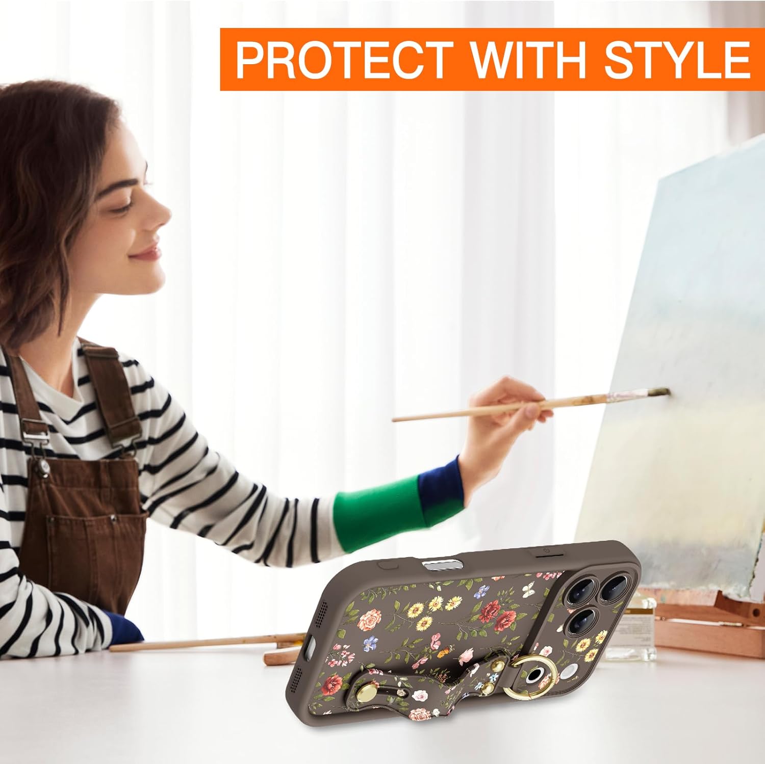 Compatible with iPhone 17 Pro Case with Wrist Strap, Cute Floral Flower Pattern [Upgraded] Soft TPU Adjustable Wristband Kickstand Shockproof Protective Cover for Girl Women, Brown