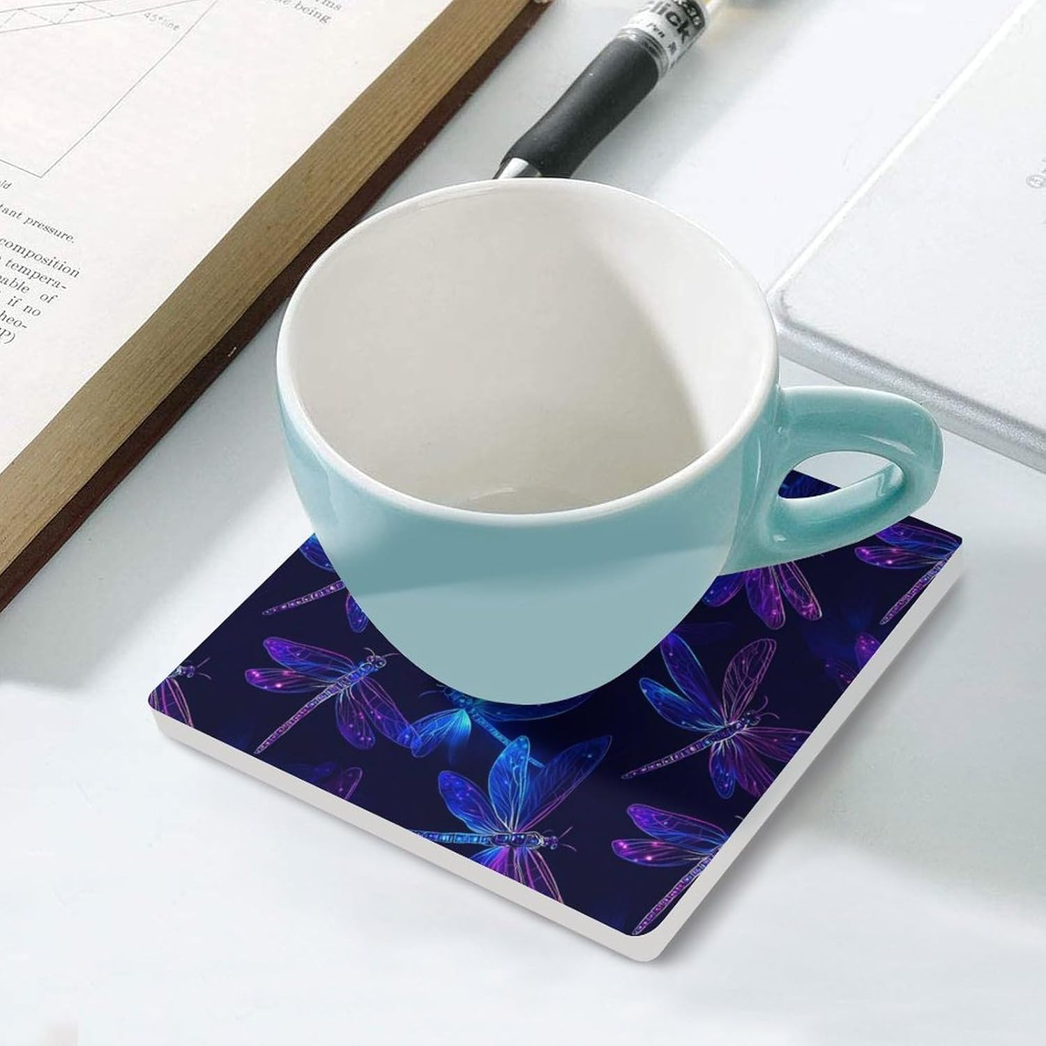 Dragonfly Funny Ceramic Coasters for Drinks Absorbent Cup Holder Tabletop Protector with Cork Base