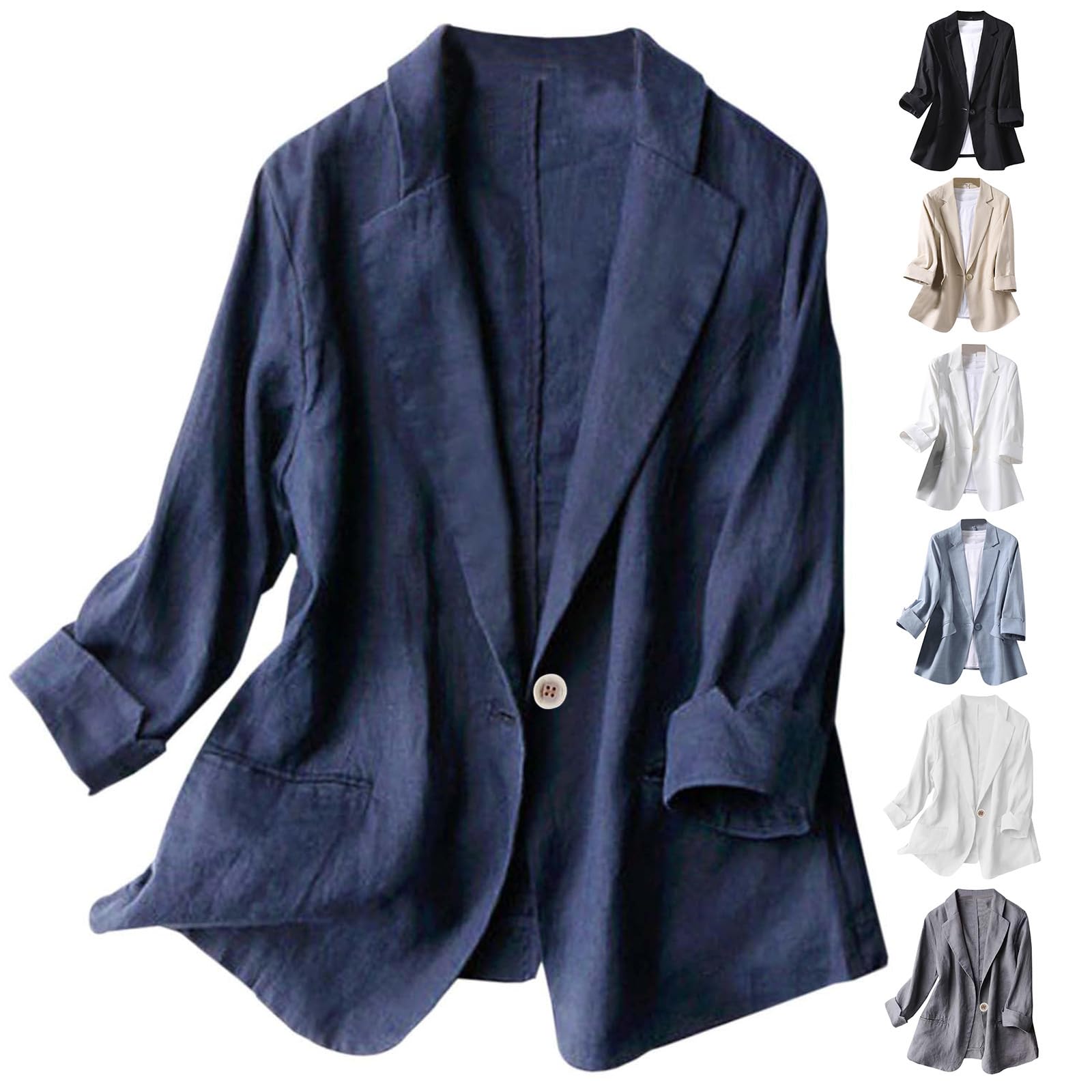 Linen Blazer Women Casual Solid 3 4 Sleeve Suit Blazer Notch Lapel One Button Suit Coat Jackets Loose