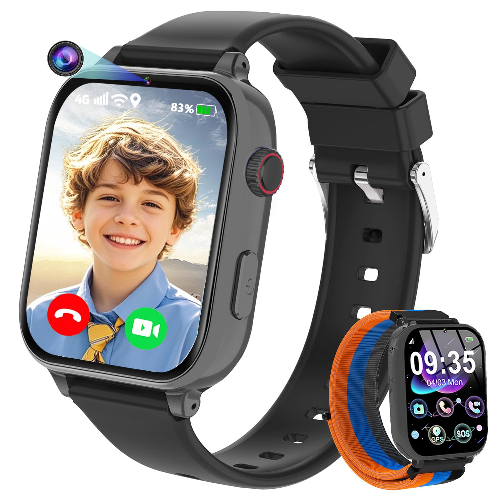 4G Smartwatch Bambini, Kids Smart Watch Intelligente con GPS, SOS, WIFI, Chat Vocale, Videochiamata, Modo Classe, Giochi Sveglia Contapassi Ragazzi Ragazze Orologio Regalo 4 ai 12 anni, Nero