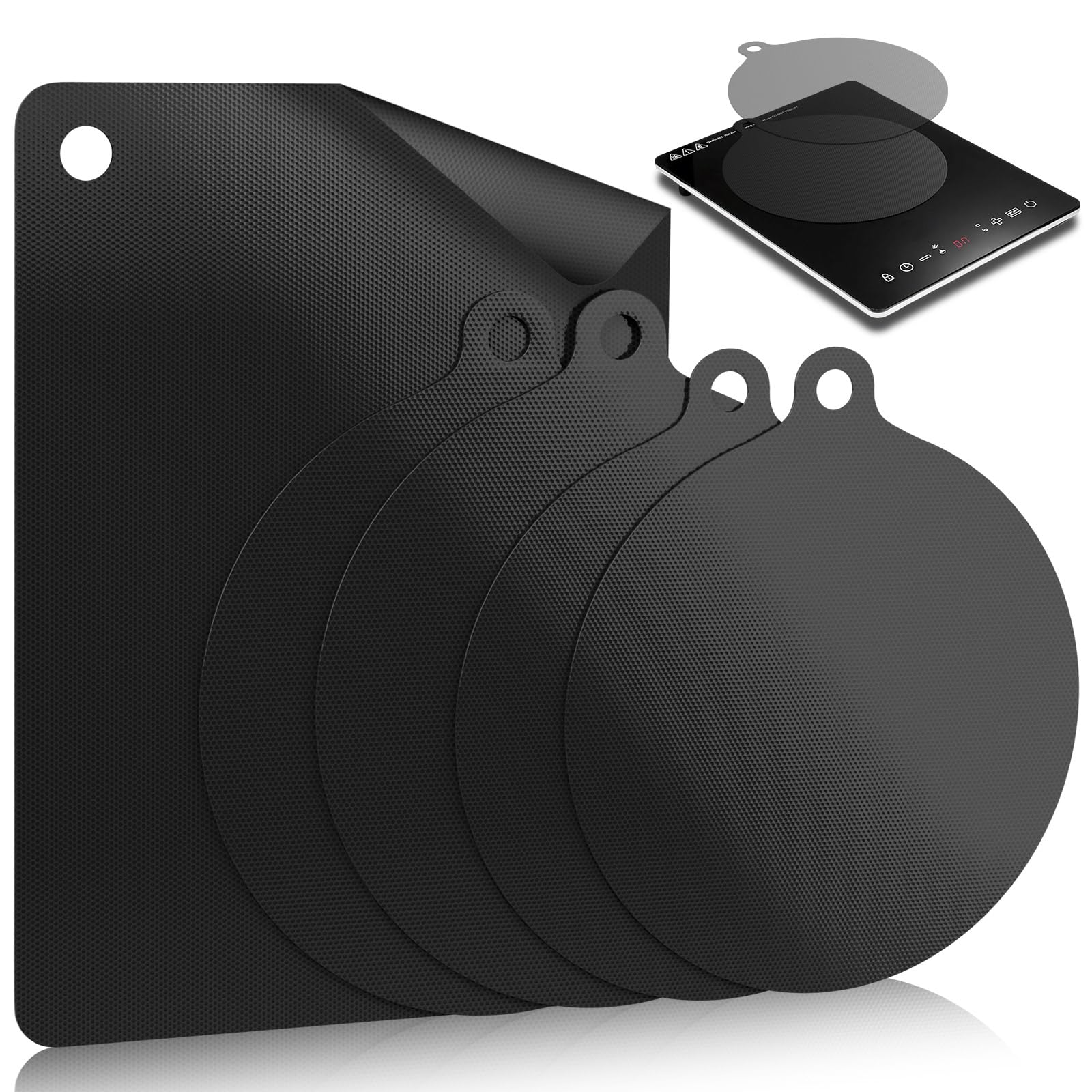 5 Stück Induktionsschutzmatte Set, Hitzebeständige Silikon Schutzmatte Herdabdeckung für Induktionskochfelder, Induktionsfeld Schützt vor Kratzern & Verschmutzungen | Einfach zu reinigen, Schwarz