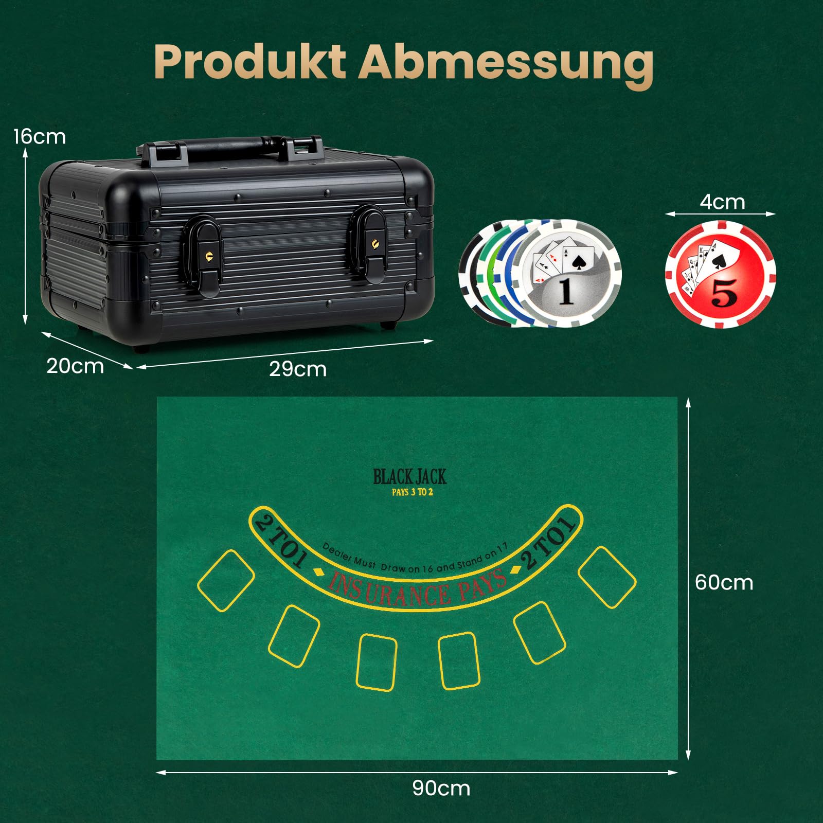 GOPLUS Kompletny zestaw do pokera, walizka z aluminium z 300/400 żetonami do pokera, 2 taliami na karty, 5 kostkami, guzikami i obrusem, kasyno walizka pokerowa do Texas Hold'em, blackjack i turniejów
