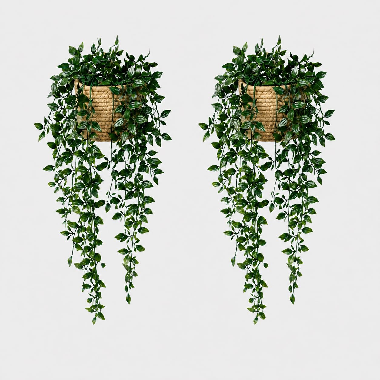 2PCS Artificial Hanging Plants with Woven Baskets, 90cm/35in Fake Mandala Trailing Greenery Vines with Hooks, Faux Hanging Plant Wall Decor for Bedroom Bathroom Kitchen Shelf Window Living Room