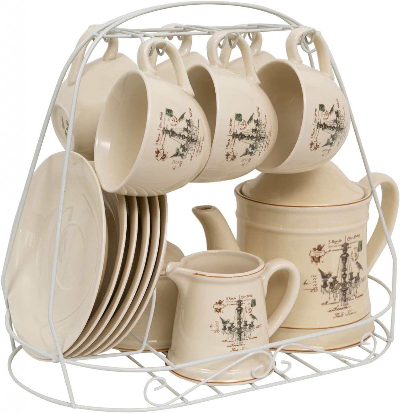 15 Piece Porcelain Breakfast Set - Tea Cup Set with Chandelier Pattern - Coffee Cup Holder - Set of 6 Cups and Saucers - Space Saving Coffee Cup Holder