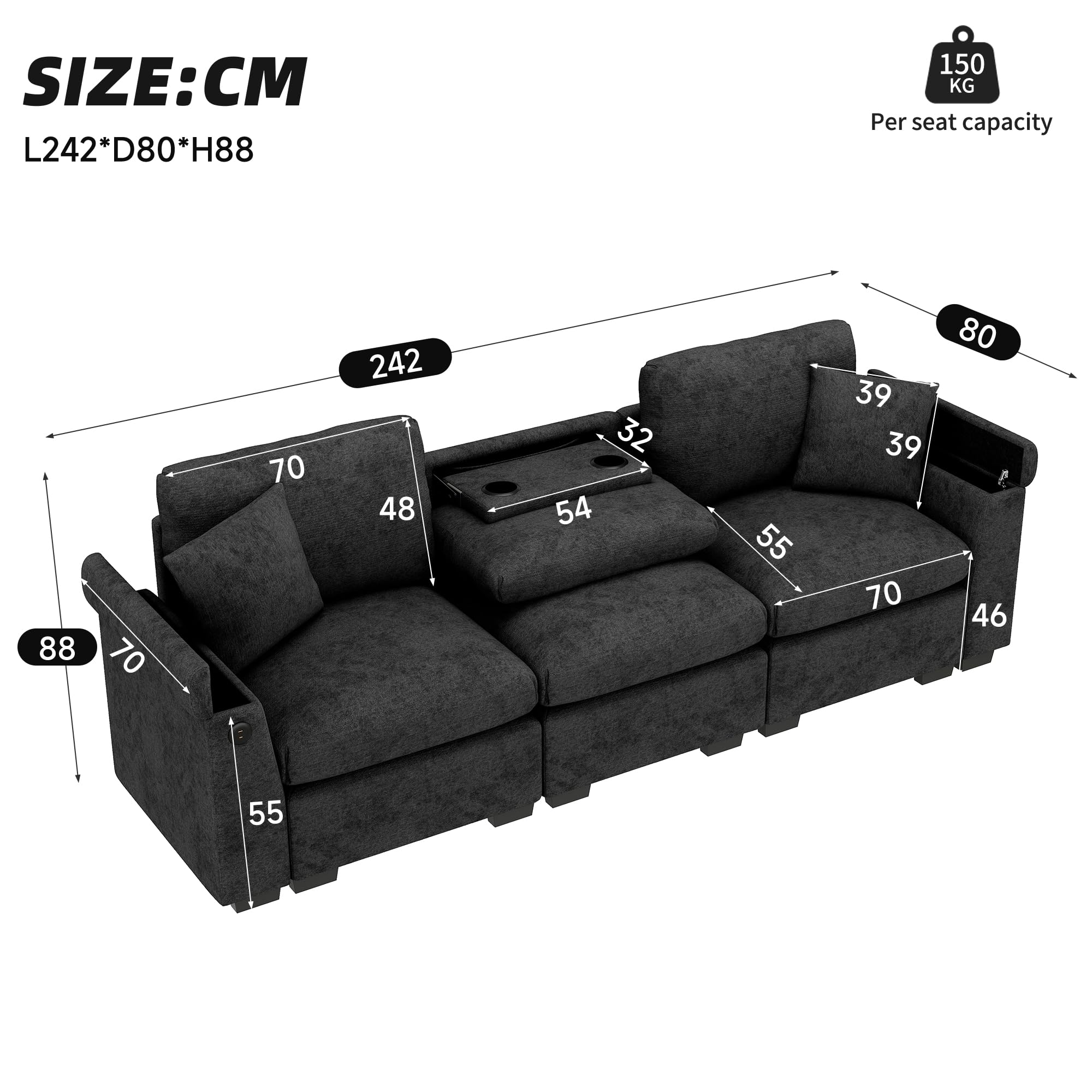 Divano 3 Posti in Ciniglia - 242 cm - Lavabile e Smontabile (Grigio) | Porta USB Integrata, Spazio di Archiviazione, 2 Cuscini Inclusi, Portabevande Ripiegabile, Multifunzionale