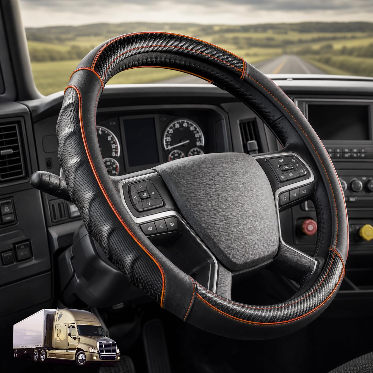 18 Inch Semi Truck Steering Wheel Cover for Freightliner Cascadia, Kenworth T680 T880, Peterbilt 579, Volvo VNL - Anti-Slip Carbon Fiber Grip - Carbon Orange