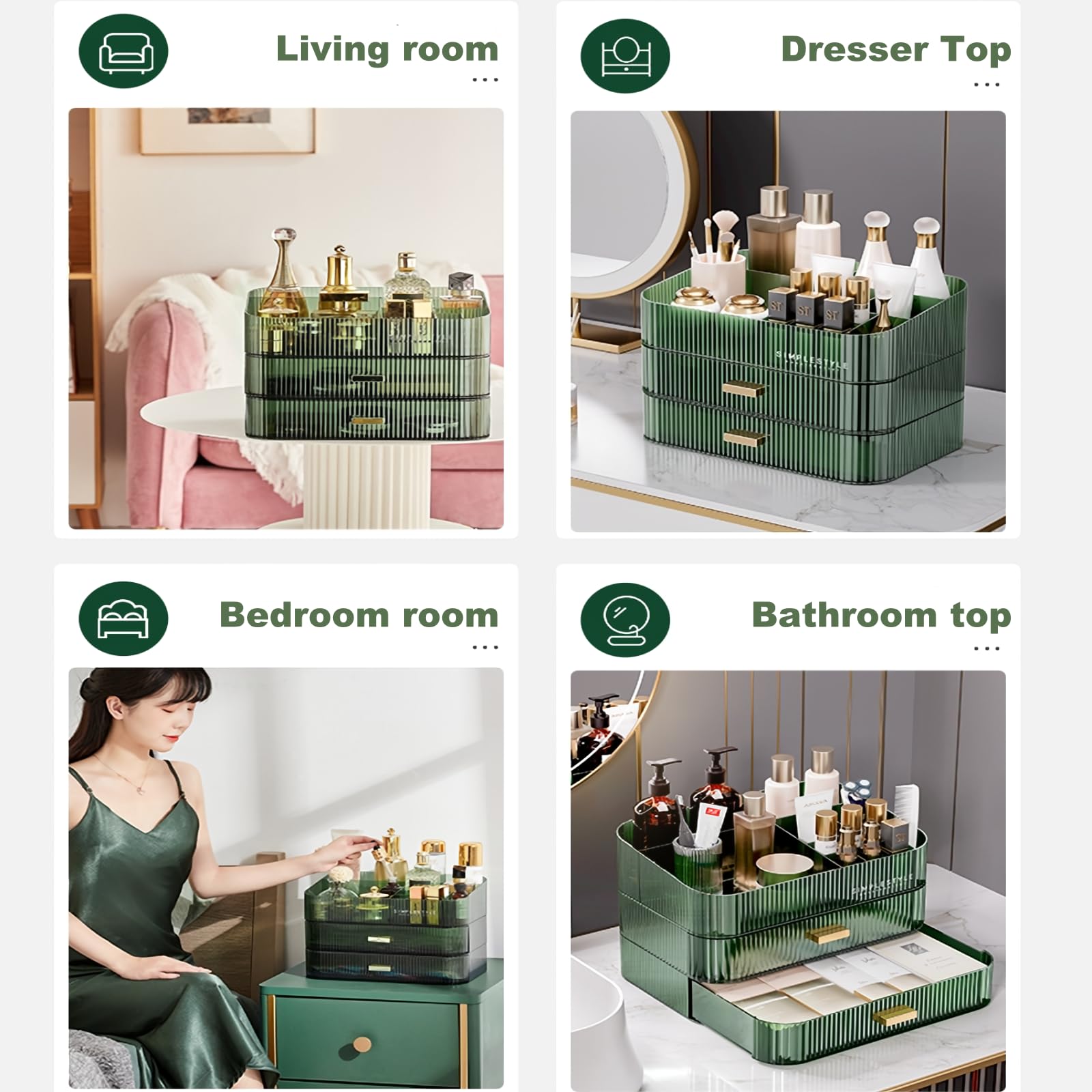 Makeup Organizer for Vanity, Large Desk Organizer with Stackable Drawers for Cosmetics, Skincare, Lipsticks, Palette, Nail Care, Ideal Storage for Dresser and Bathroom Countertop- Green