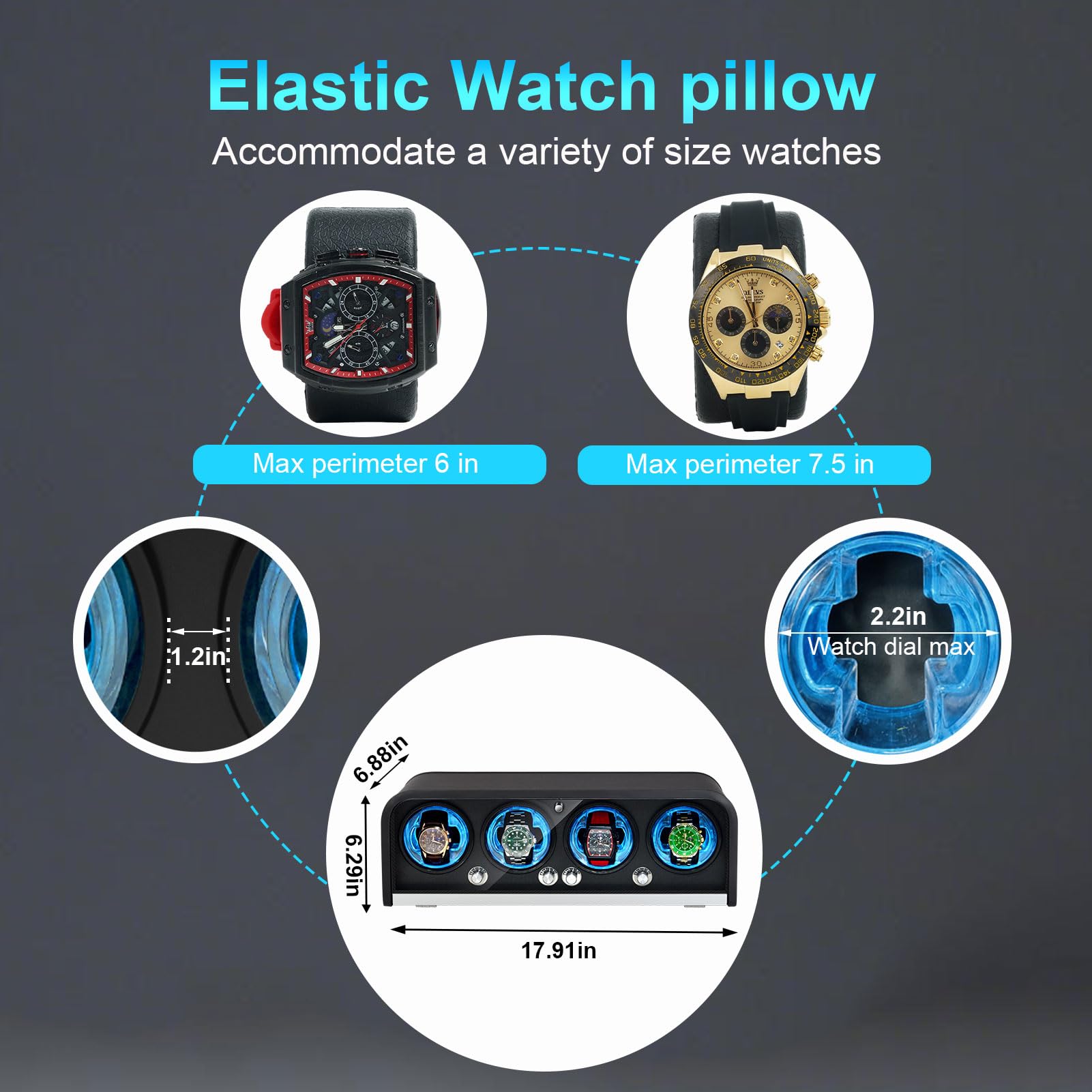 Avvolgitore per orologi automatici, 4 slot per Rolex, 4 modalità di rotazione e luce LED blu, design a grana di noce con motore super silenzioso, regalo per uomo, nero