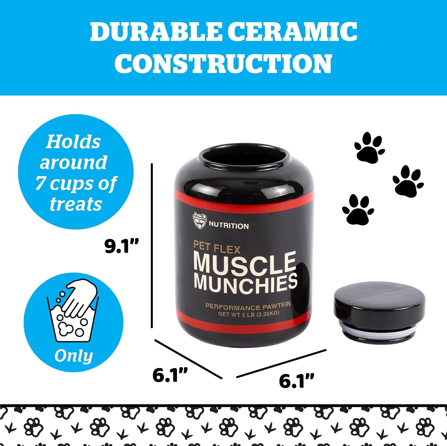 BigMouth Inc Muscle Munchies Treat Jar for Dogs, Funny Dog Treat Container, Air-tight Ceramic Jar, 8" x 6"