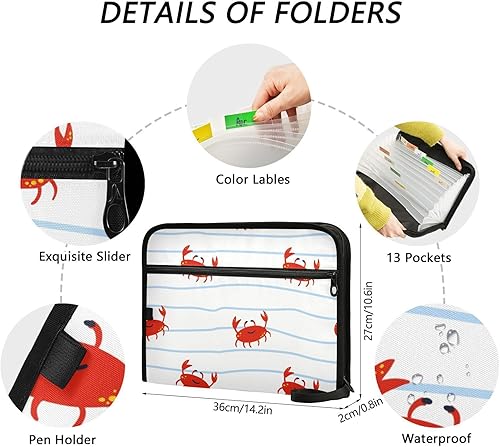 Miniatura 3 de susiyo Carpeta de archivos expansible con patrón de cangrejo rojo, 13 bolsillos, organizador expansible, carpeta de archivos para tamaño carta A4