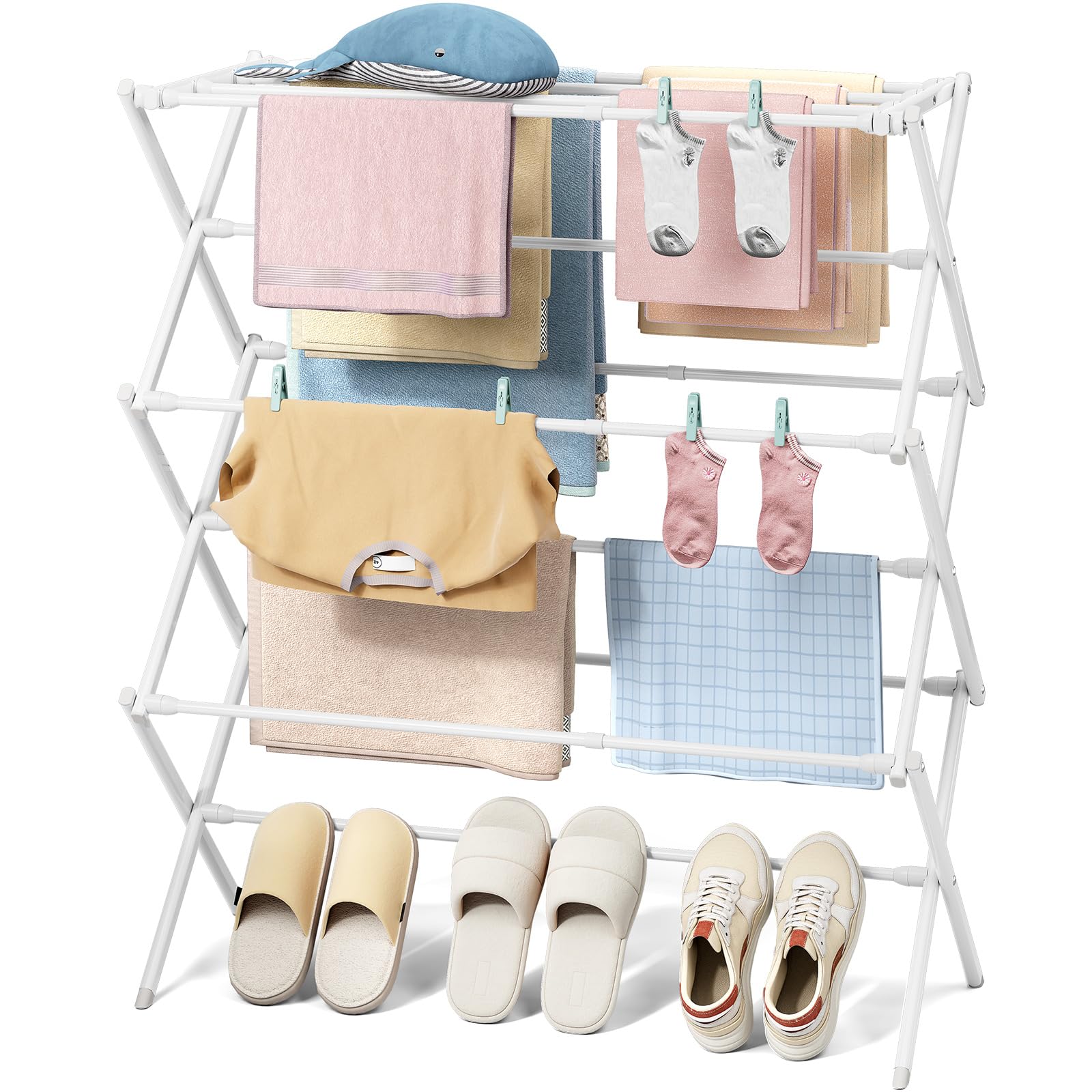 KINGBOARD Stendibiancheria pieghevole, con 11 aste, a 3 livelli, piccolo stendibiancheria pieghevole, per vestiti dei bambini, asciugamano per calzini, capacità 11,3 kg, bianco