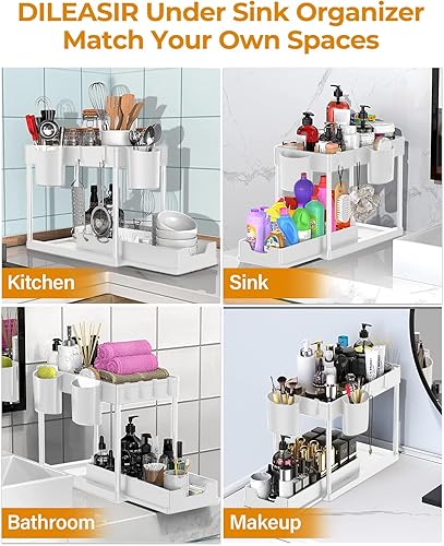 Miniatura 6 de Organizador para debajo del fregadero y almacenamiento de baño, paquete de 2 unidades, organizador de cesta de gabinete Kicthen de 2 niveles, con
