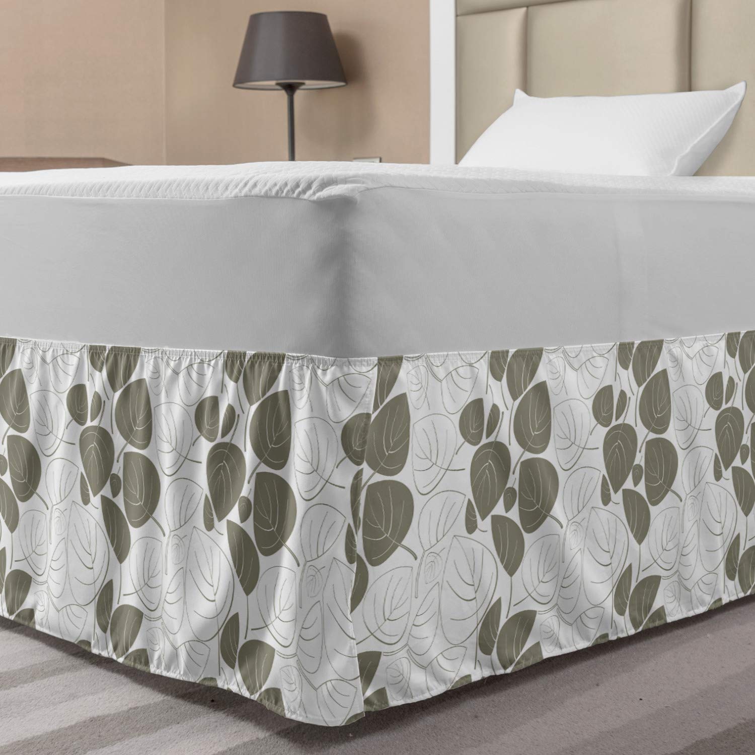 Lunarable Leaf Elastic Bed Skirt Leaves Pattern Outline Silhouette with Ornament Floral Design Victorian Style Art Wrap Around