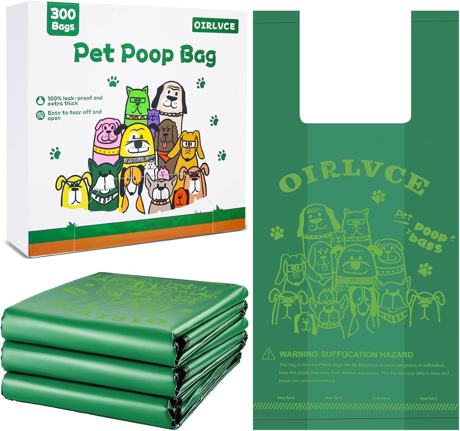OIRLVCE 300 Dog Poop Bags with Handles, Extra-Thick, Easy Tie & Leak-Proof, Lavender Scented
