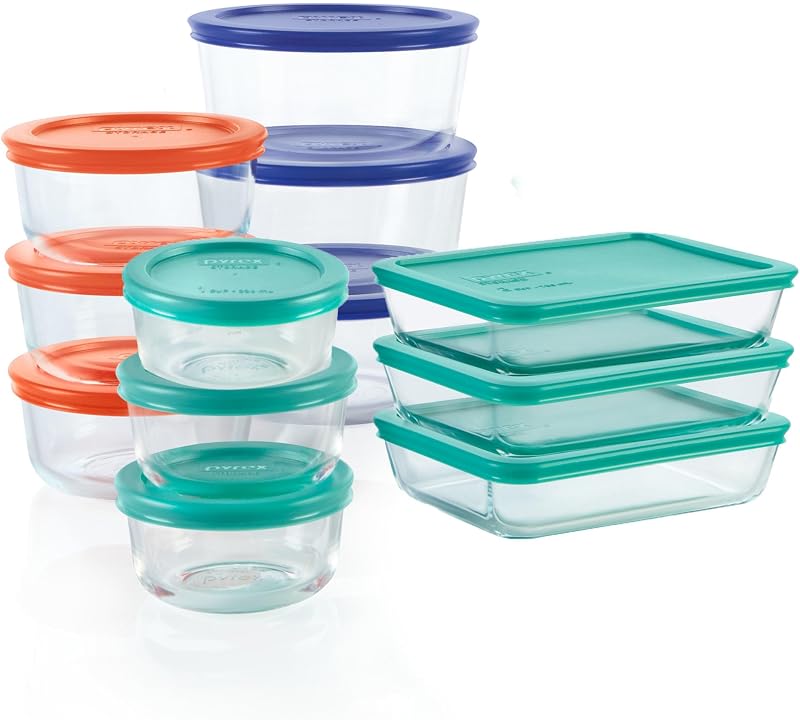 Pyrex Simply Store (paquete de 12) Juego de recipientes de vidrio para almacenamiento de alimentos | Recipientes para preparación de comidas (1, 2 y 3 tazas) con tapas de plástico sin BPA, aptos para microondas y lavavajillas