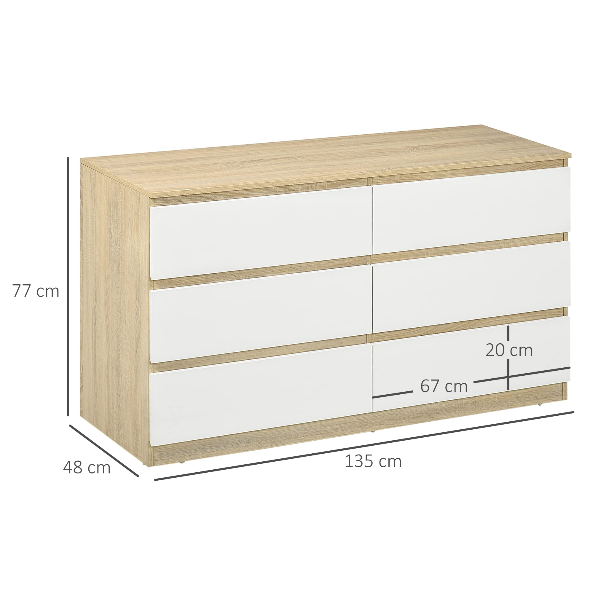 HOMCOM Cassettiera 6 Cassetti Moderna in Legno, Mobile Cassettiera per Camera da Letto 135x48x77cm, Bianco e Legno