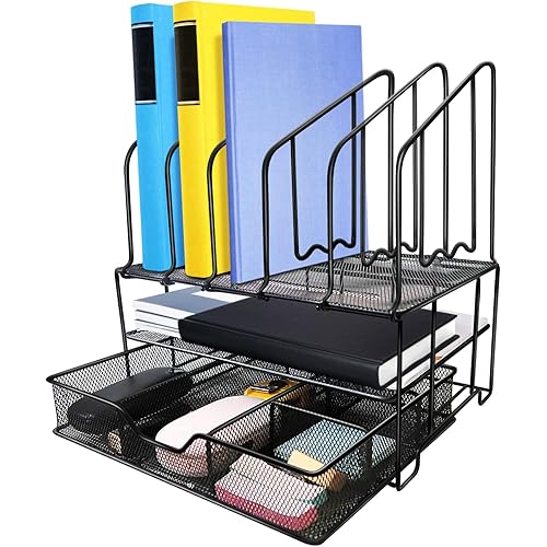 Desk File Organizer with Drawer Anyyuk Office Supplies Organizer with Double Tray and 5 Upright File Folder Holders Sections Desktop Organizer for Workspace Home Office School, Black