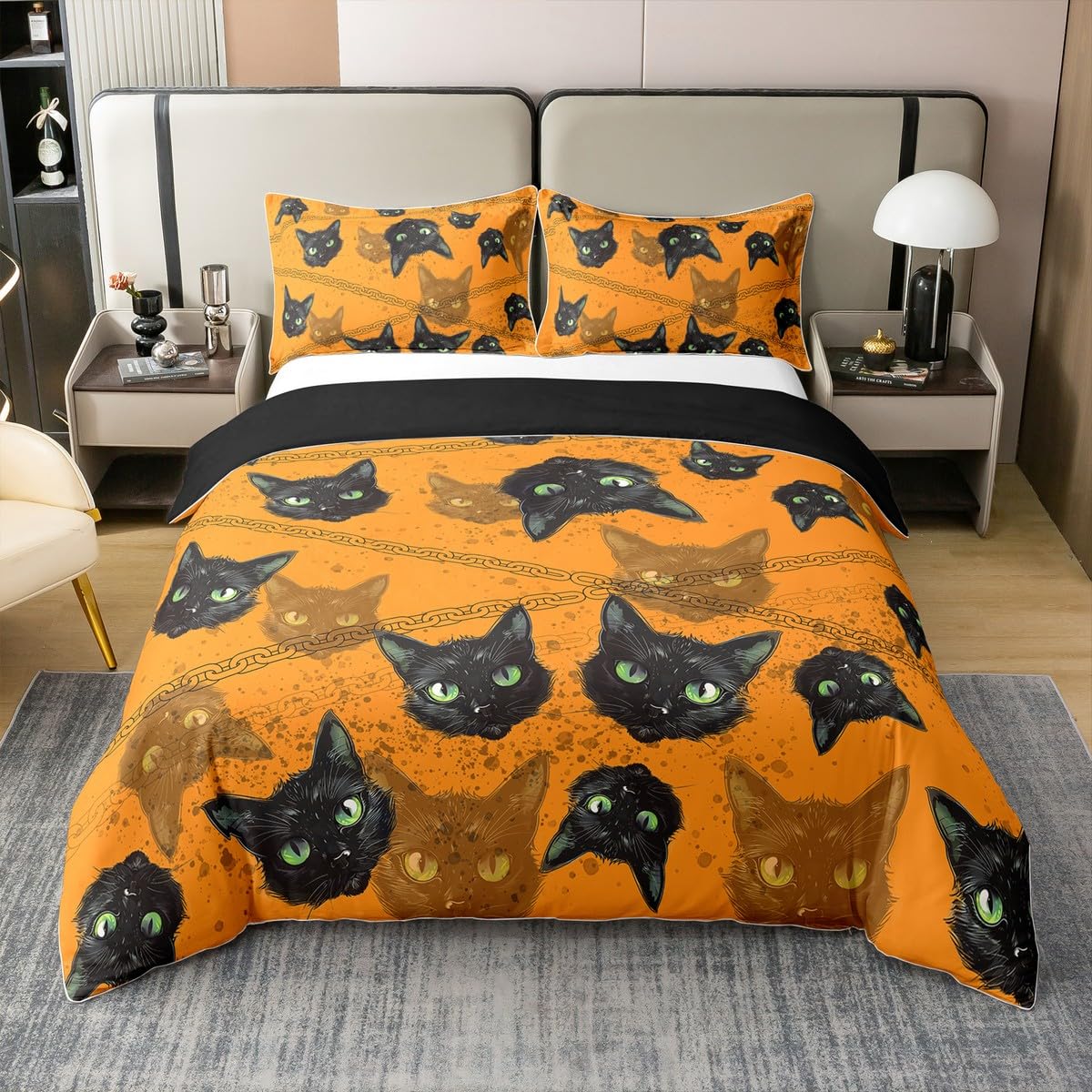 Erosebridal Halloween Black Cat 100% Cotton Duvet Cover Queen, Orange Kawaii Cats Comforter Cover, Cute Bedspread Cover?Cartoon Animals Green Eyes Cats Head Quilt Cover for Kids Girls Boys