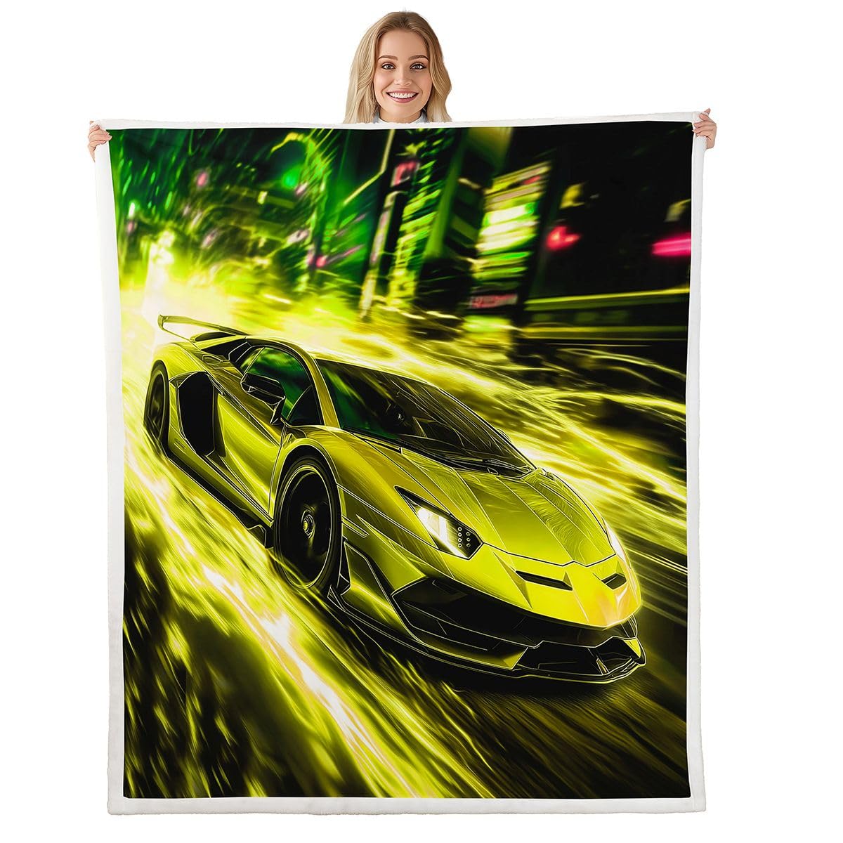 Homewish Żółty koc polarowy do samochodu, 229 x 229 cm, Speed Racing Car, ciepły, pluszowy koc sherpa, sporty ekstremalne, dla kochanka, puszysty, pluszowy, rozjaśniający łóżko, sofę i kanapę