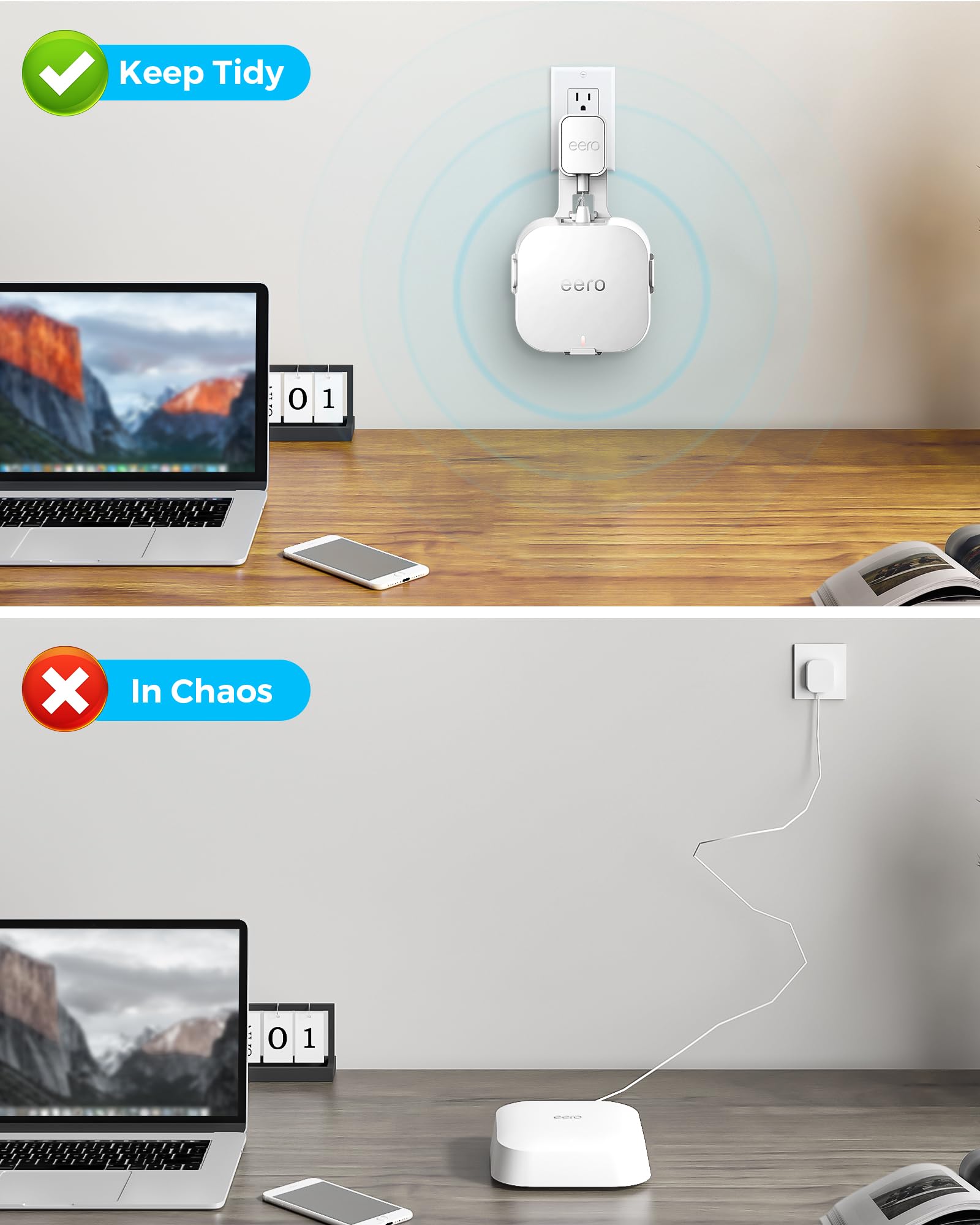 CUHIOY Outlet Wall Mount Holder for Eero Pro 6 or Eero pro 6E, Space-Saving Wall Bracket with Wire Organization, Compatible with Vertical or Horizontal Plug, Nailable Wall Mount Stand (White, 1Pack)